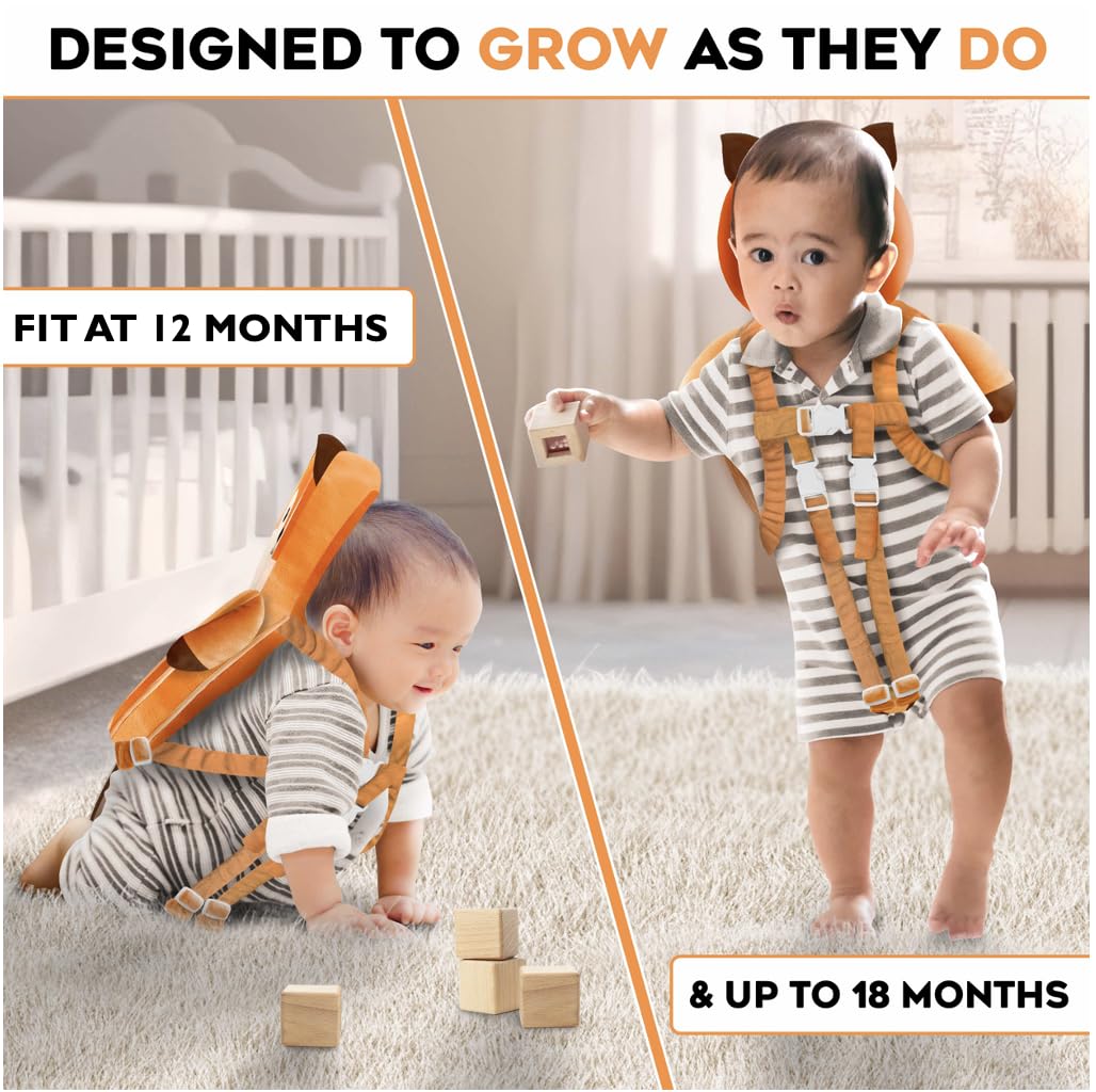 100% Cotton Non-Toxic Hypoallergenic Baby Backpack Head Protection Pillow, Full Head Coverage, Baby Head Pillow for Falling, Secure, Durable, Fox (Orange)