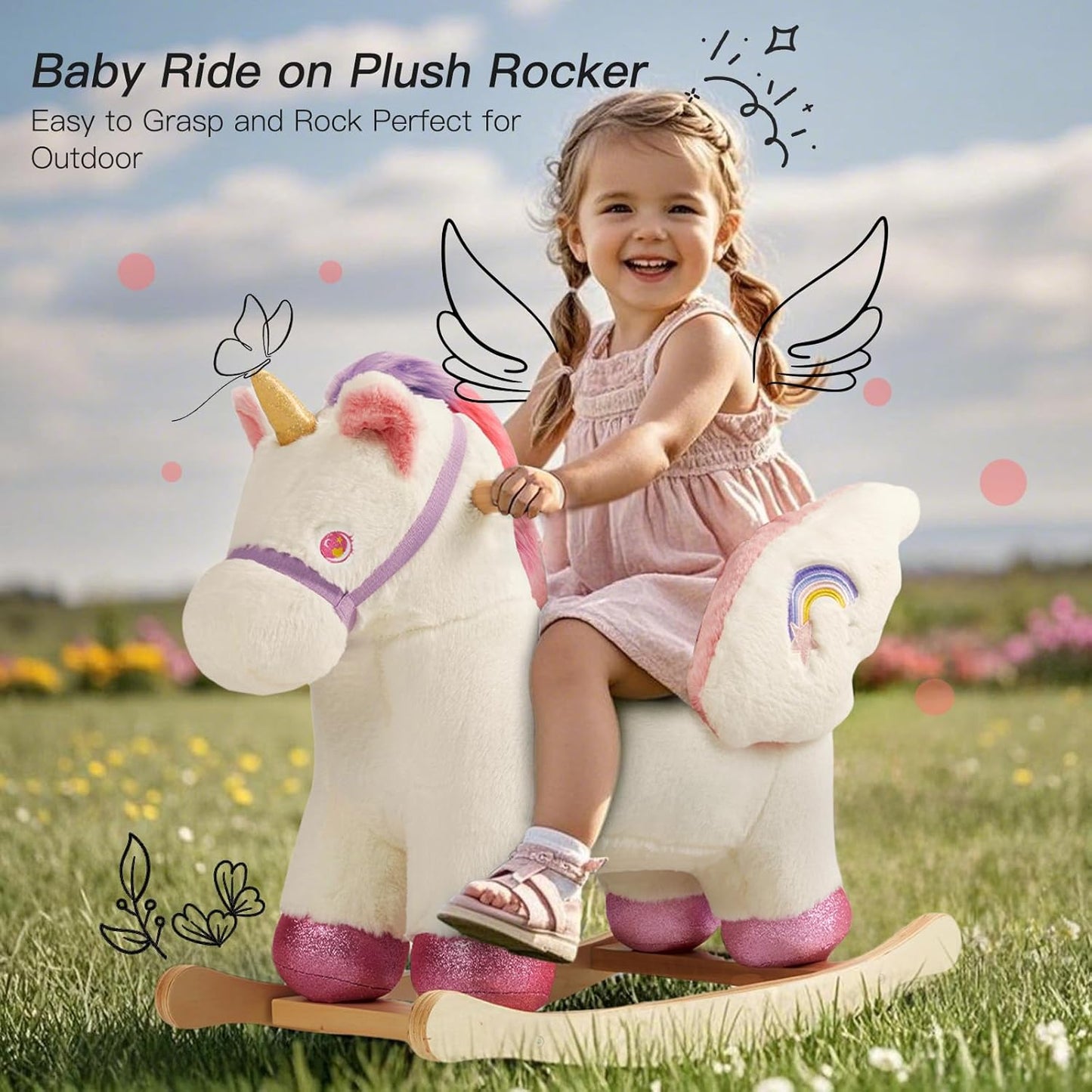 Baby Rocking Horse,Unicorn Wooden Rocking Horse for Toddlers 1 Year Old Cute Pink Stuffed Plush Ride-on Rocking Animal for Baby Girls Nursery/Child Christmas or Birthday Gift