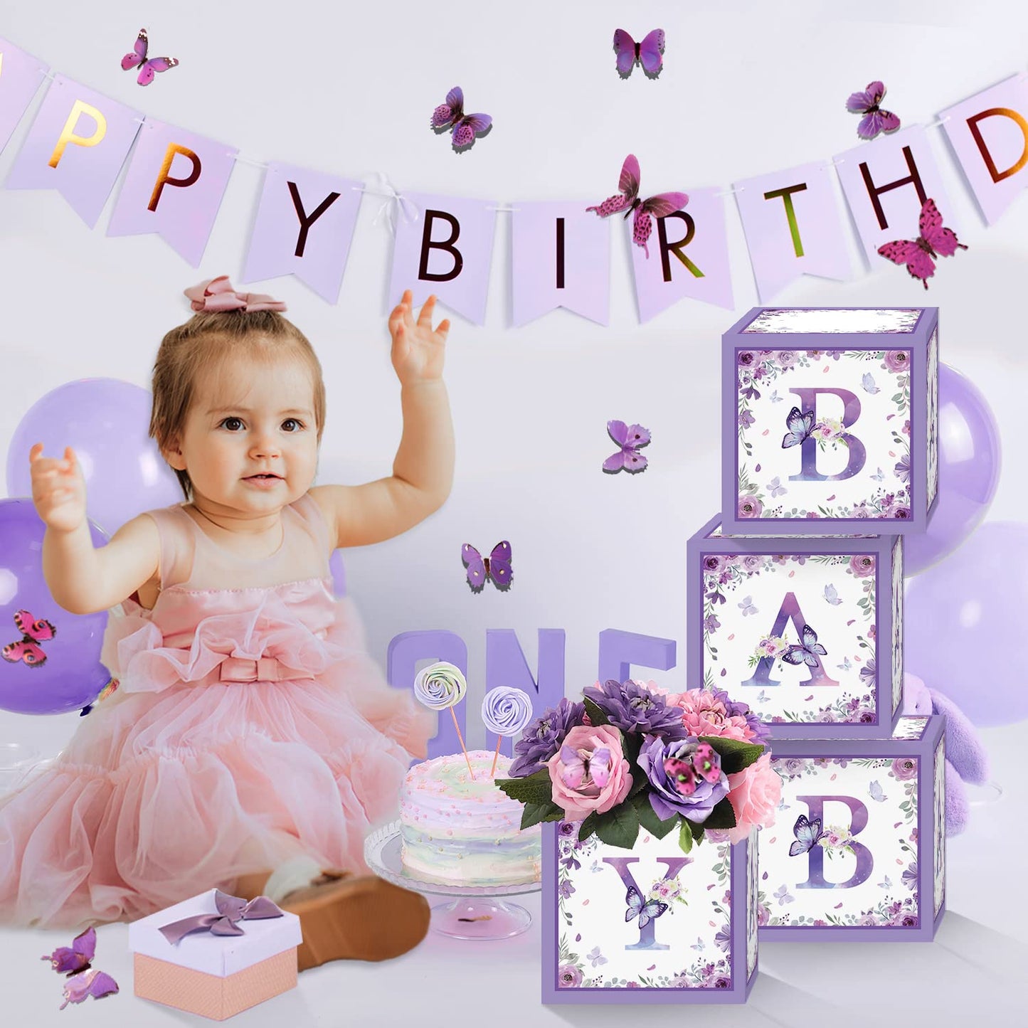 TSVATE Pink Baby Shower Boxes Decorations - 4 Baby Shower Centerpiece Boxes Gender Reveal First Birthday Centerpiece Decors (Without Flowers)