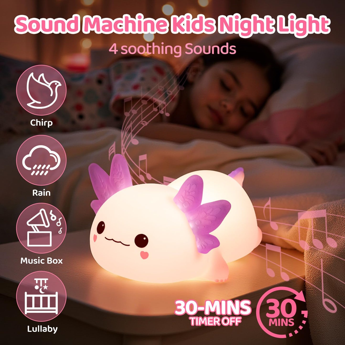 Huggwaii Squishy Axolotl Night Light for Kids – Dimmable Silicone Axolotl Lamp, 2025 Upgraded Baby Night Light, Rechargeable, 20H Battery Life, Sleep Aid Gift for Toddlers, Girls&Room Decor