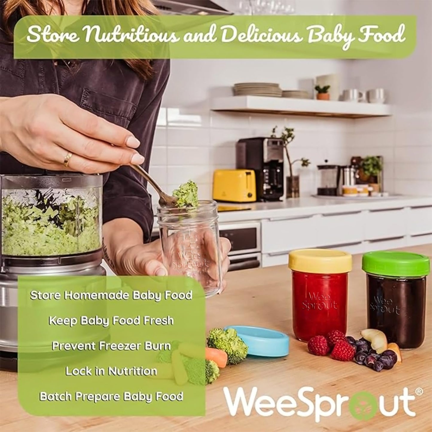 WeeSprout Glass Baby Food Storage Jars w/Lids (8 oz, 8 Pack Set) Snack, Puree, Reusable Small Containers, Breast Milk, Fridge or Freezer, Microwave & Dishwasher Safe, Essential Must Have for Infants
