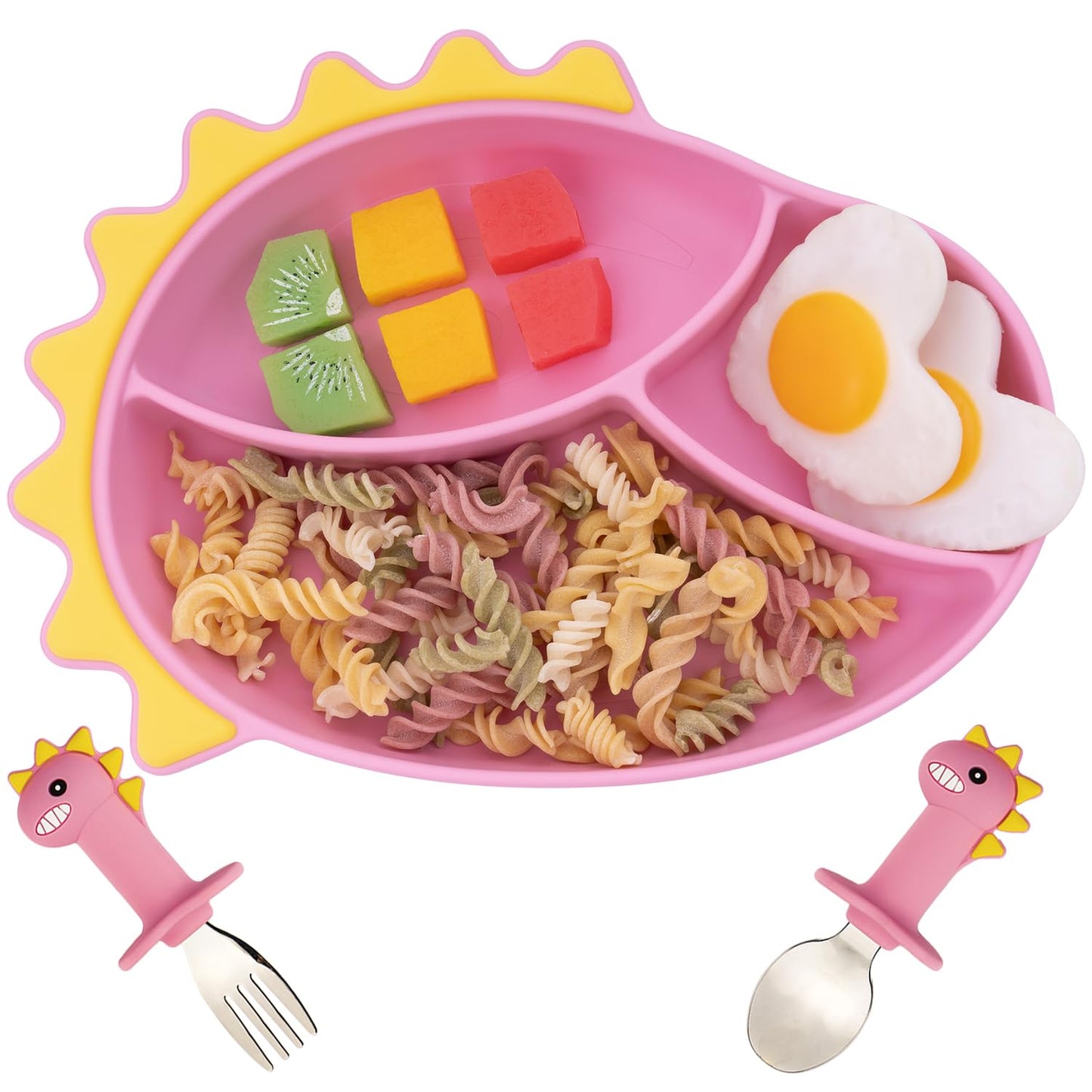 Silicone Suction Plates for Baby Toddler with Spoon Fork set Divided Dinosaurs Plates Self Feeding Training Baby Dinner Plate-Green Dinosaurs Plate Set