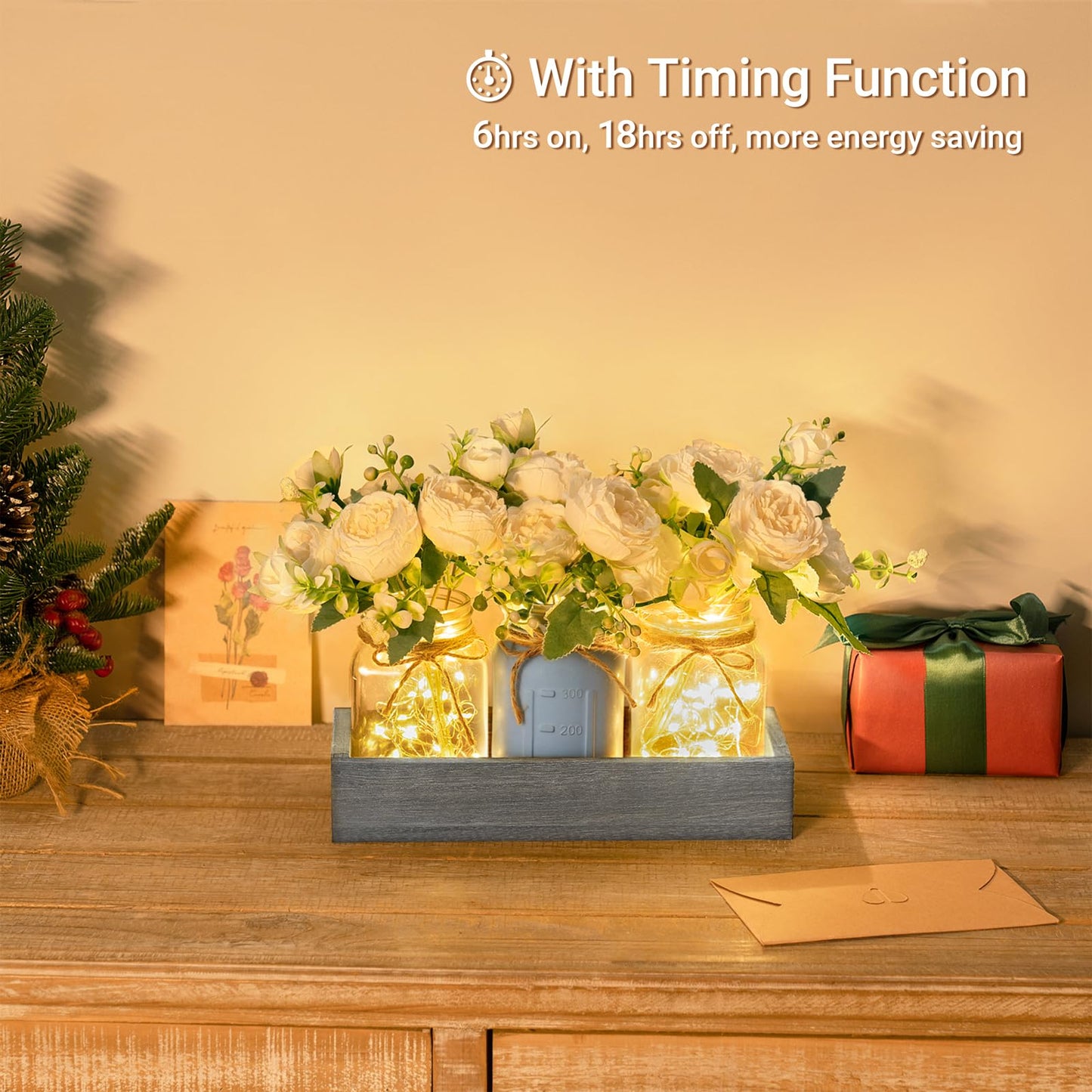 Mkono Mason Jar Lights Centerpiece Table Decor for Dining Room Farmhouse Wood Tray with 3 Jars Flowers Summer Decoration for Coffee Table Kitchen Living Room Wedding