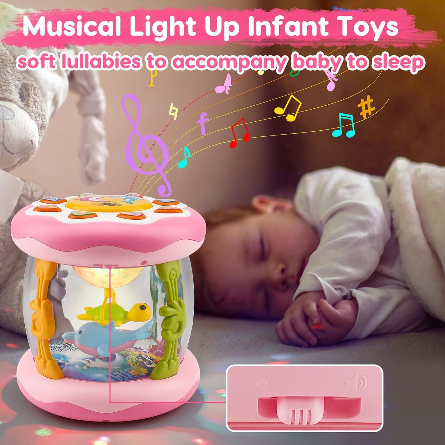 Baby Musical Light Up Toys 0-6 Months Tummy Time Ocean Projector Rotating Infant 0-3 3-6 7 8 9 Months Learning Crawling Pink Toys Babies 6-12 Month Girls 1 2 3 Year Old Birthday Newborn Gifts