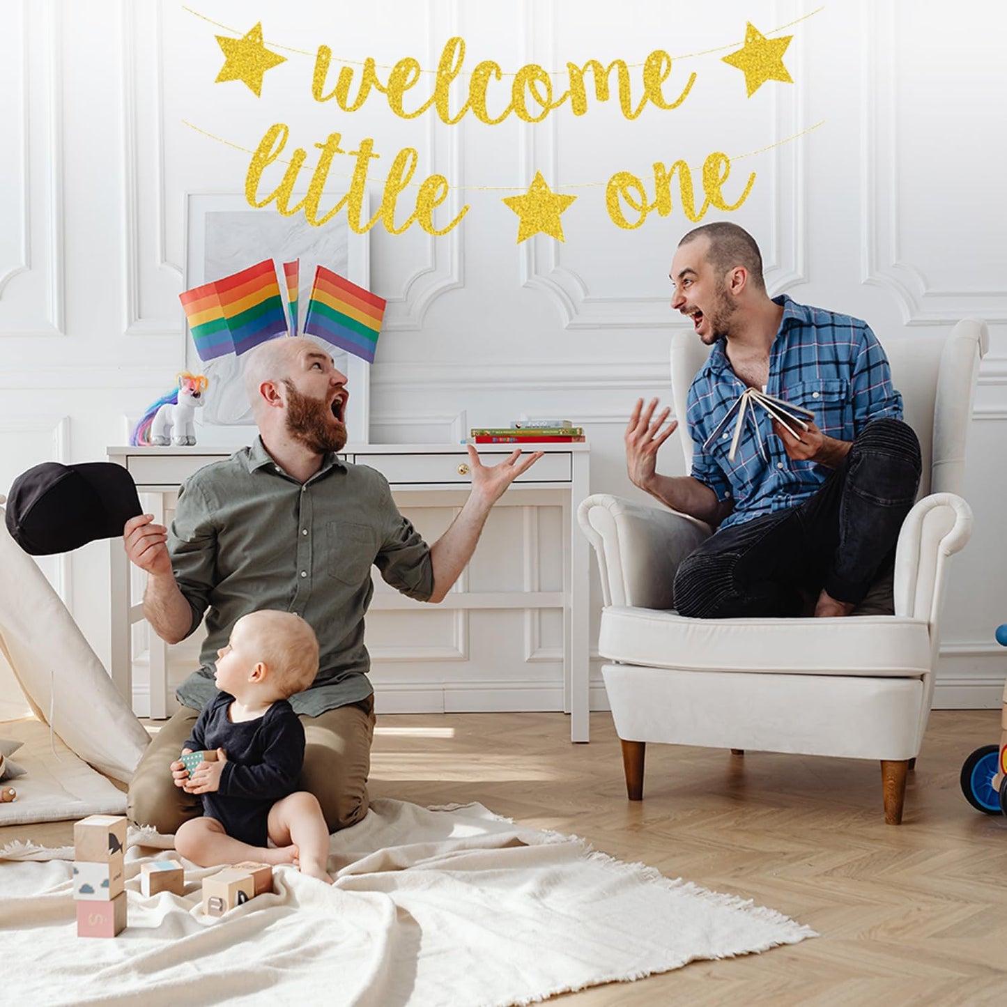 Baby Shower Decorations, Birthday Banner, Welcome Little One Baby Banner for Pre-strung Welcome Sign Gender Reveal Party Neutral Decor Backdrops Supplies (Blue)