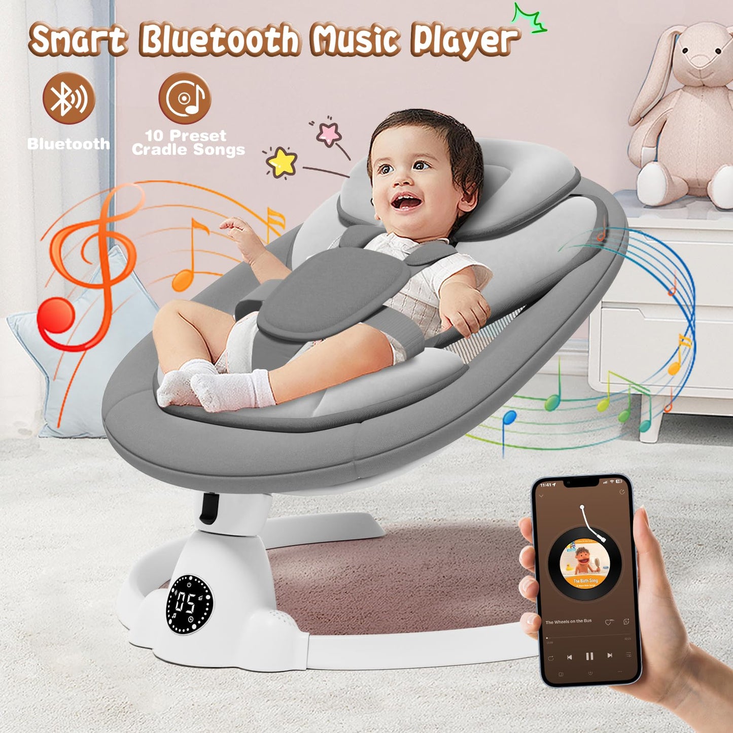 Electric Baby Swings for Infants to Toddler Baby Swing with Remote Control & Bluetooth Music 10-Preset Melodies (Pink)