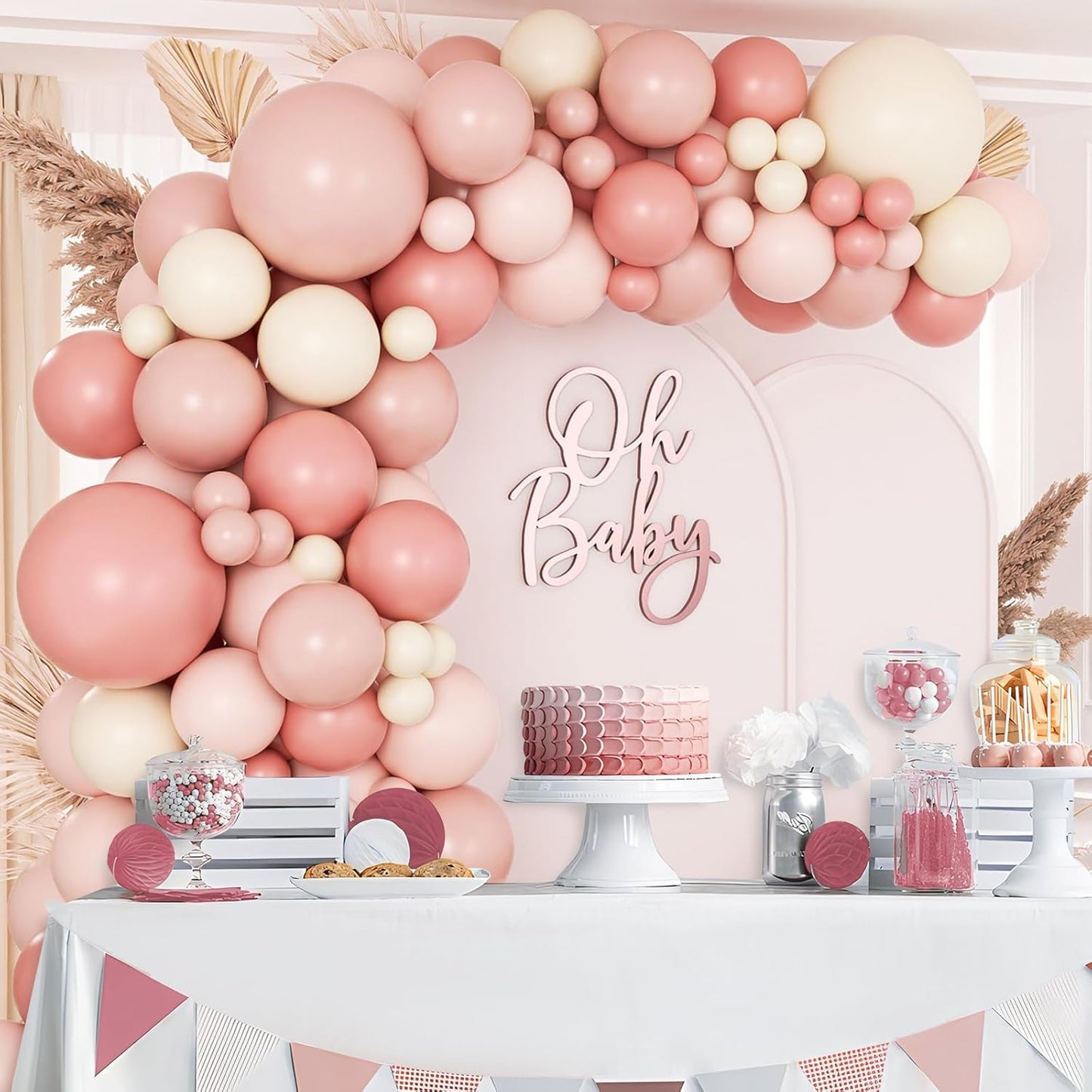 136pcs Boho Dusty Rose Pink Blush Pink White Balloons Garland Arch Kit,Dusty Pink Sand White Balloons for Birthday Bridal Wedding Boho Baby Shower Party Decorations for Girl