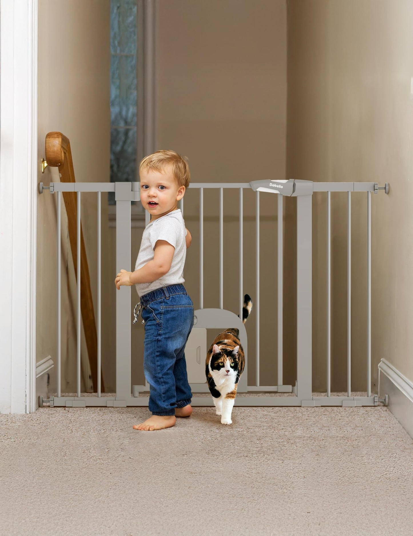 Babelio Upgraded Baby Gate with Cat Door, 29-43" Auto Close Durable Dog Gate for Stairs, Doorways and House, Easy Walk Thru Safety Gate with Pet Door Includes 4 Wall Cups, Black
