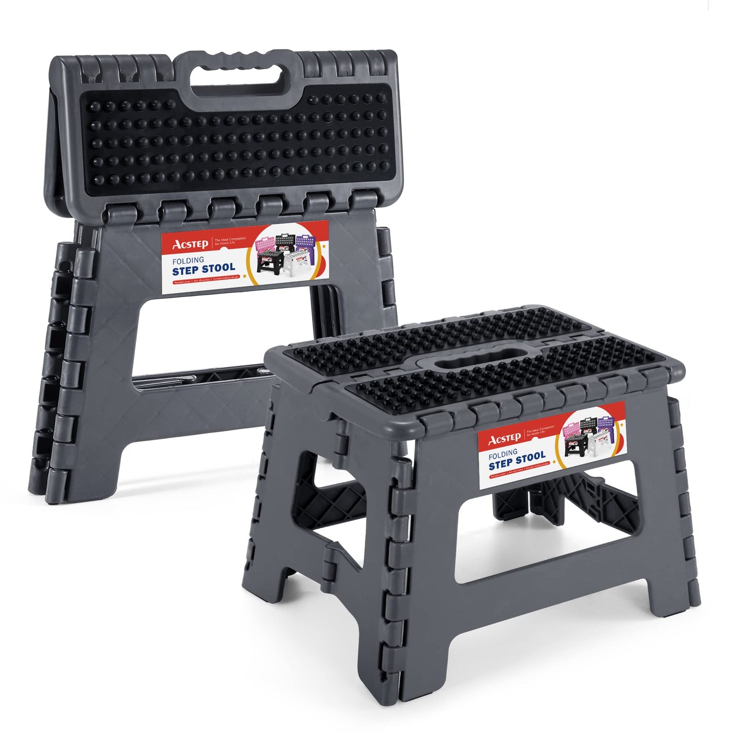 ACSTEP Folding Step Stool 9'' Tall Kids Step Stool Holds Up to 300 lb Plastic Foldable Step Stools for Kids Non-Slip Surface with Carry Handle Collapsible Stool for Home, Outdoor and Indoor(Black)
