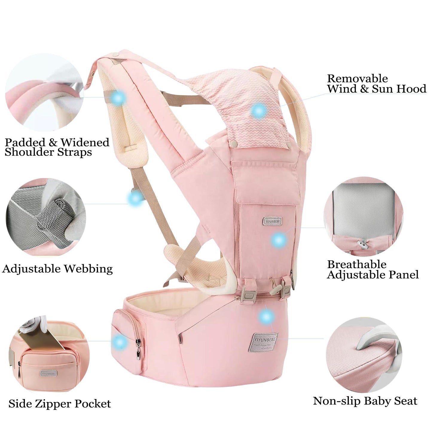 Baby Carrier, Ergonomic 6-in-1 Baby Carrier with Hip Seat for Newborn Infant Toddler, Adjustable Detachable Baby Holder Carrier for Dad Mom