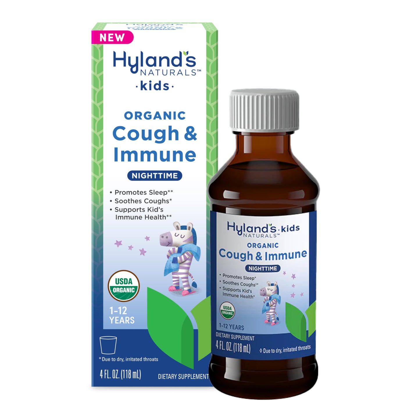 Hyland's Kids Nighttime Organic Cough Syrup and Immune Support with Agave, Elderberry and Pomegranate, Soothes Cough, and Supports Immunity, 4 Fl. Oz.