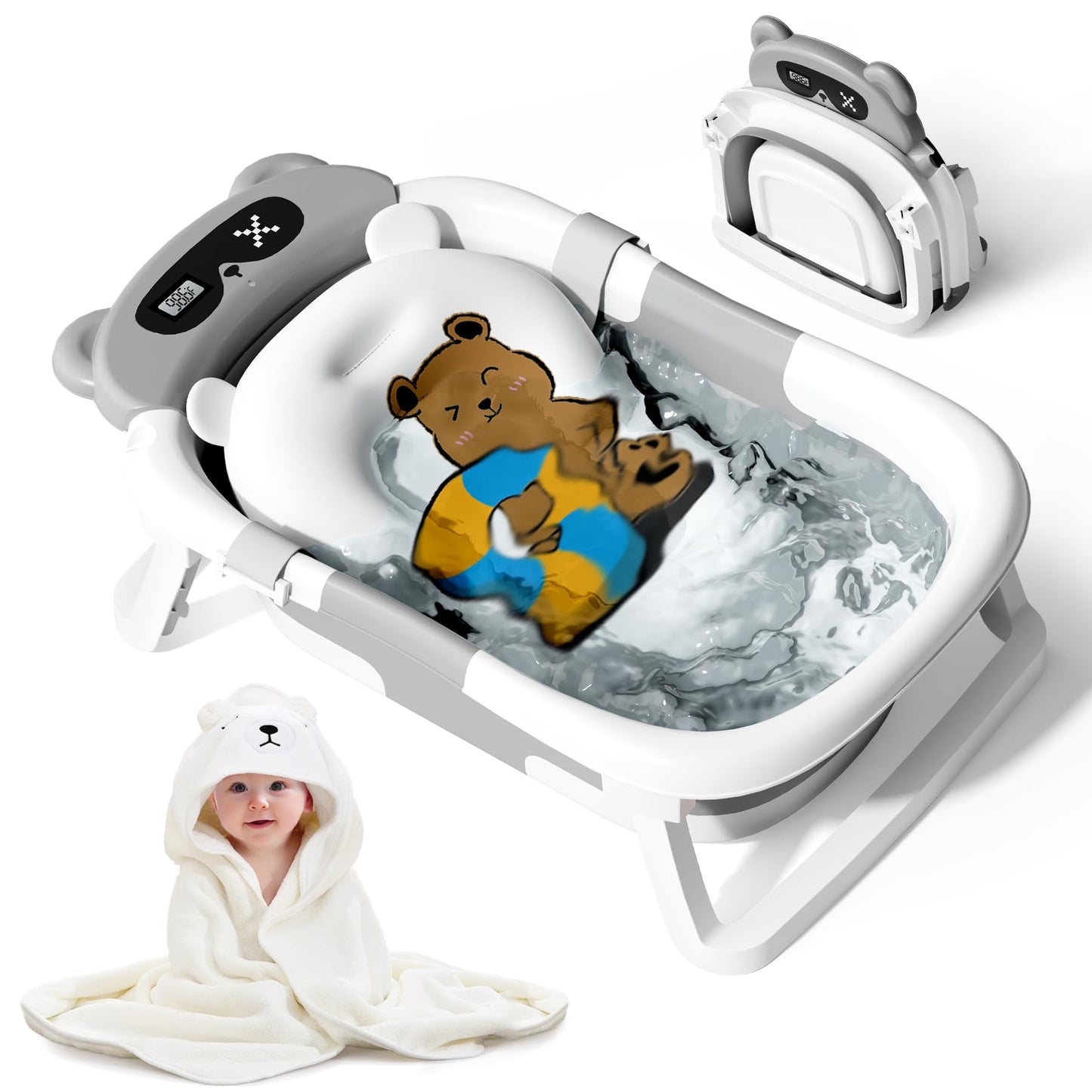 Collapsible Baby Bathtub for Newborn to Toddler (0-18 M) - Portable Baby Tub with Thermometer, Newborn Bathtub with Soft Towel and Floating Cushion (Brown)
