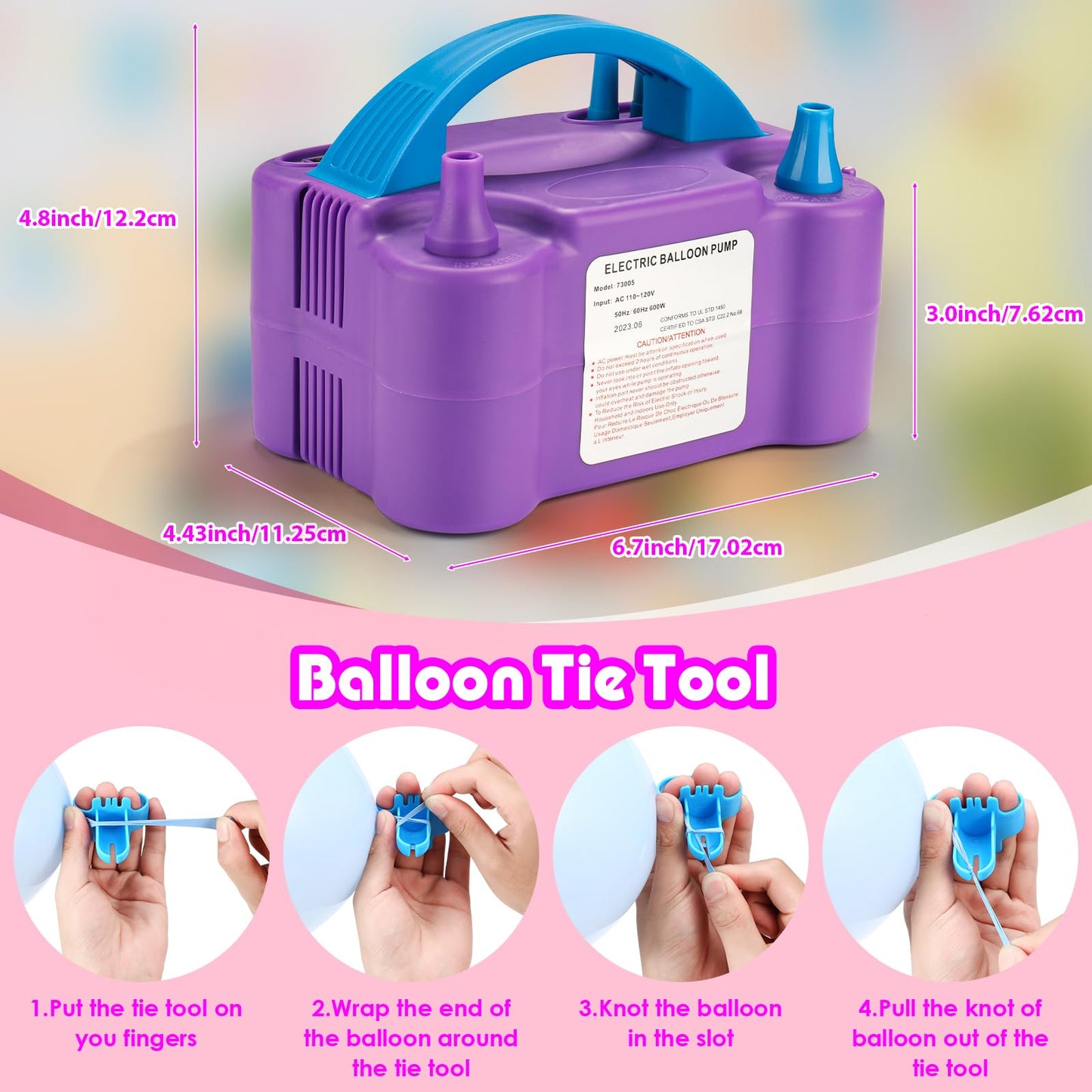 Balloon Pump Electric, Portable Automatic Dual Nozzle Inflator 110V 600W with Tying Tools for Birthday Gender Reveal Baby Shower Balloons Party Decorations