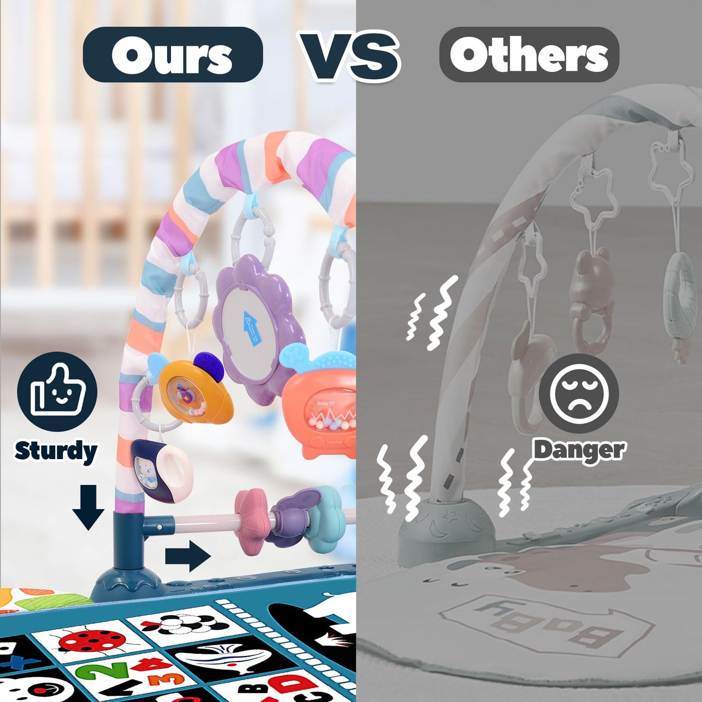 Baby Play Gym for 0-6 Months, High Contrast Tummy Time Mat, Kick and Play Piano, Music and Lights, Newborn Gifts for Girls, Pink