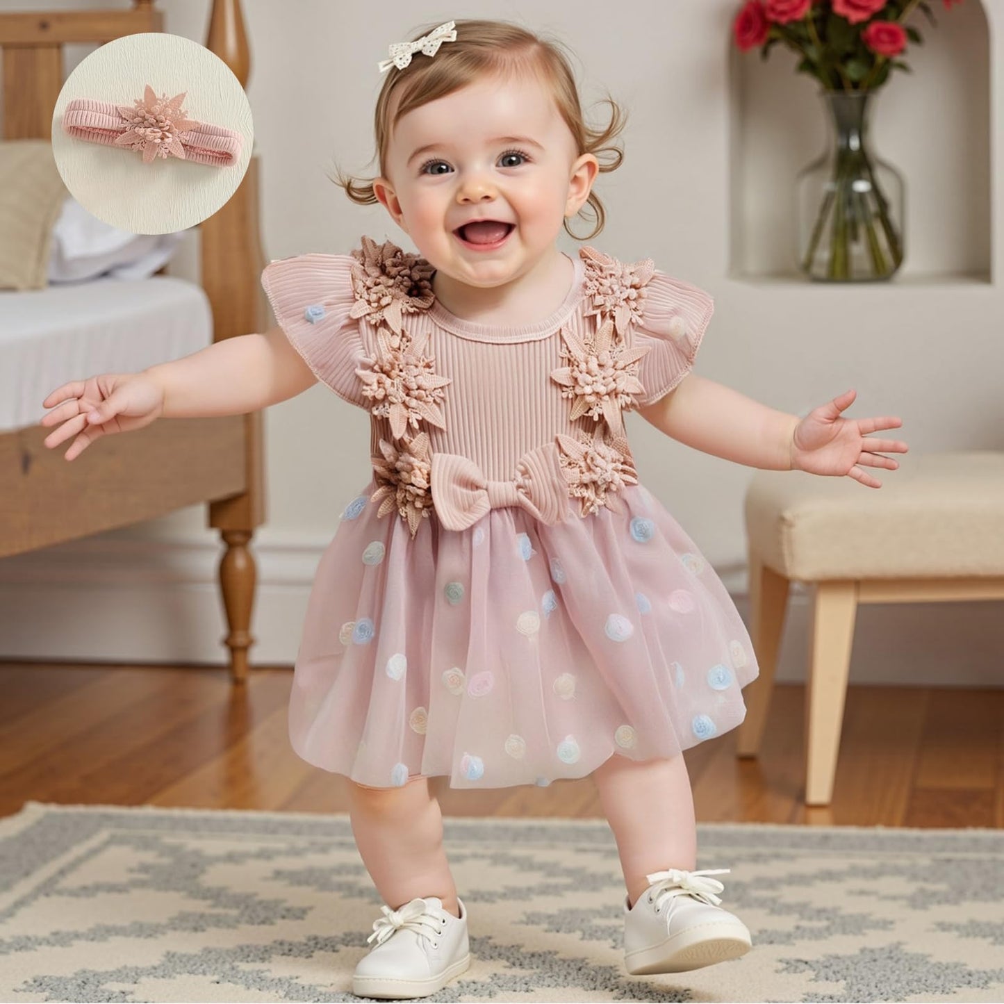 Hnyenmcko Newborn Baby Girl Summer Romper Dress Infant Fly Sleeve Flower Embroidery Mesh Tulle Skirt Hem Ribbed Bodysuit