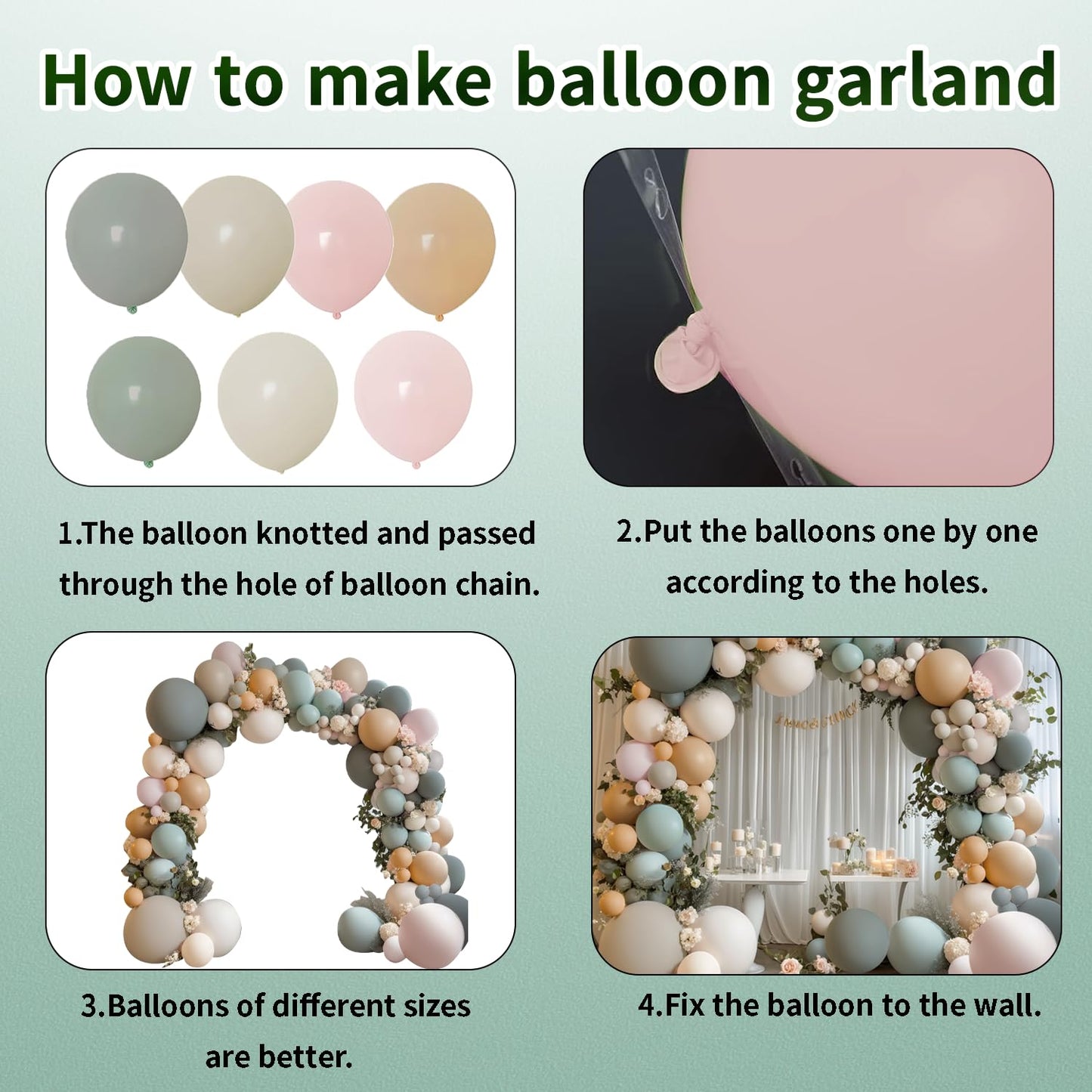 Dusty Green Nude Pink Balloons Arch Kit, Double Stuffed Pastel Balloon Arch Dark Light Green Blush Nude Cream White Sand Tan Pink Balloons for Wedding Birthday Party Woodland Baby Shower Decorations