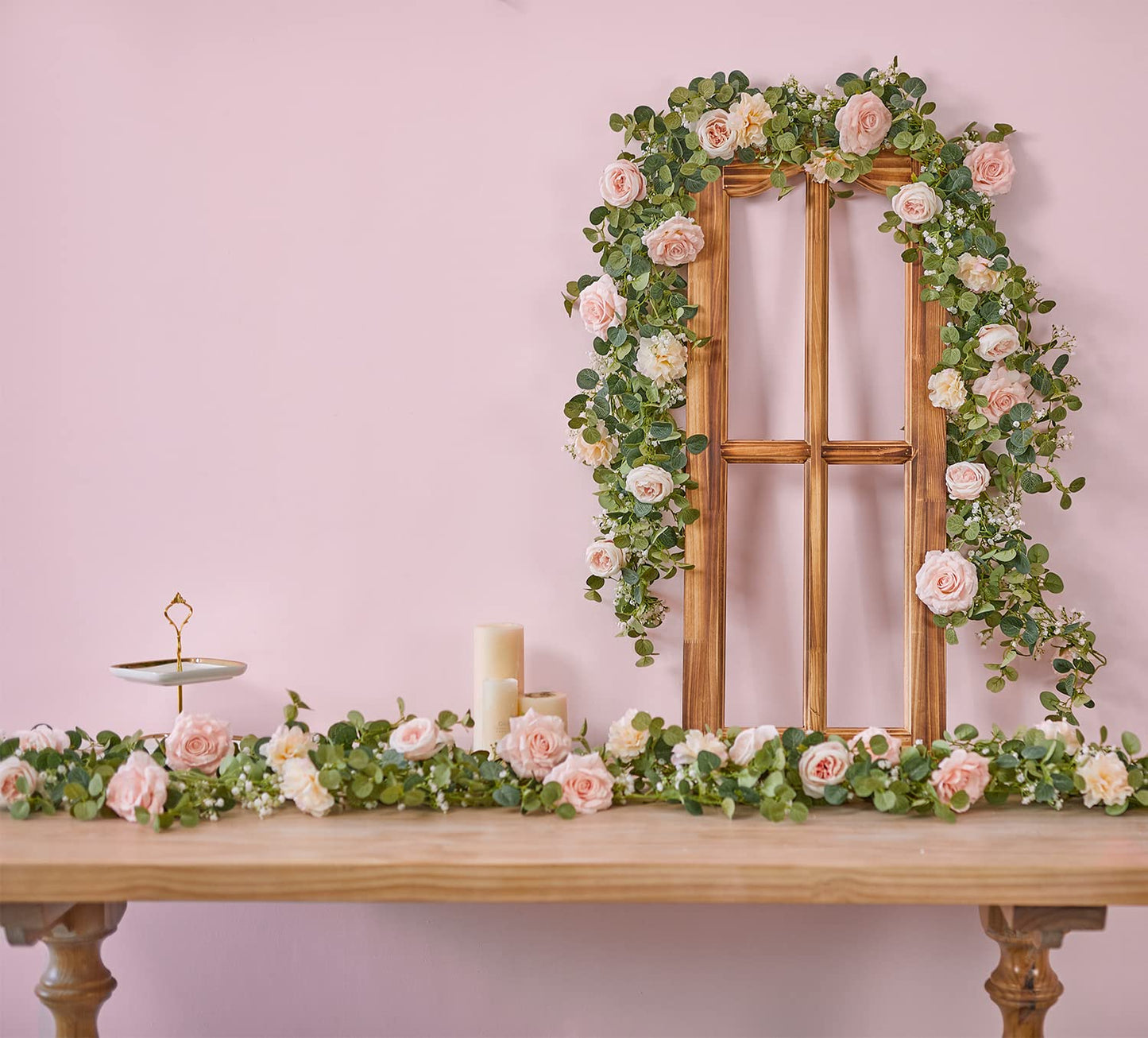 Anna's Whimsy 5.91FT Artificial Eucalyptus Garland with Flowers, Fake Flower Rose Gypsophila, Faux Floral Greenery Garland for Wedding Spring Home Party Craft Art Table Runner Decor