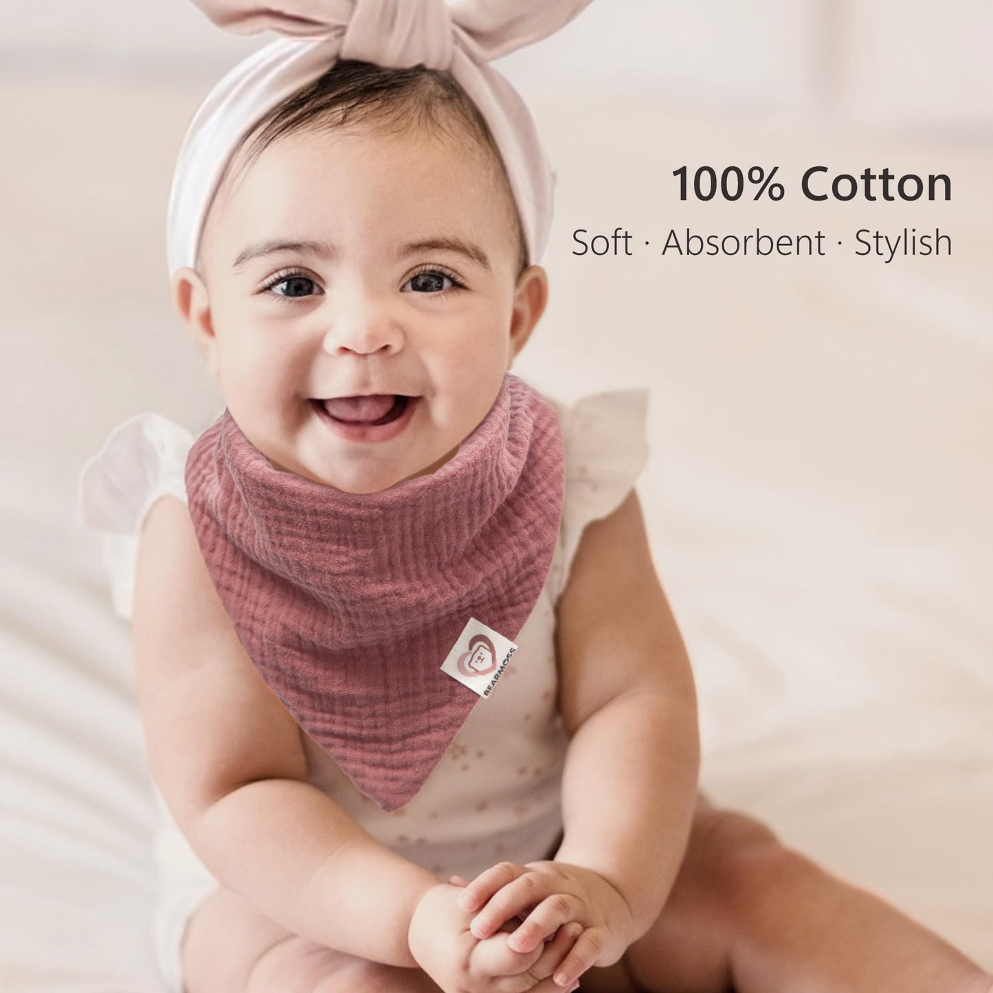 Bearmoss Muslin Baby Bibs 8 Pack Soft Bandana Bibs for Drooling & Teething, Absorbent Burp Cloths with Adjustable Snaps