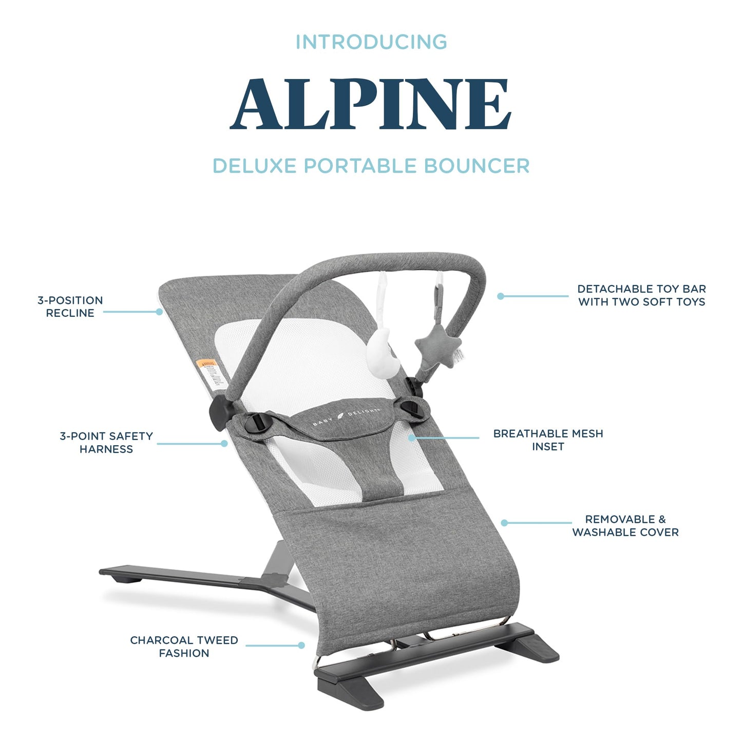 Baby Delight Alpine Deluxe Portable Bouncer, Infant, 0-6 Months, 100% GOTS Certified Cotton Fabrics, Organic Oat