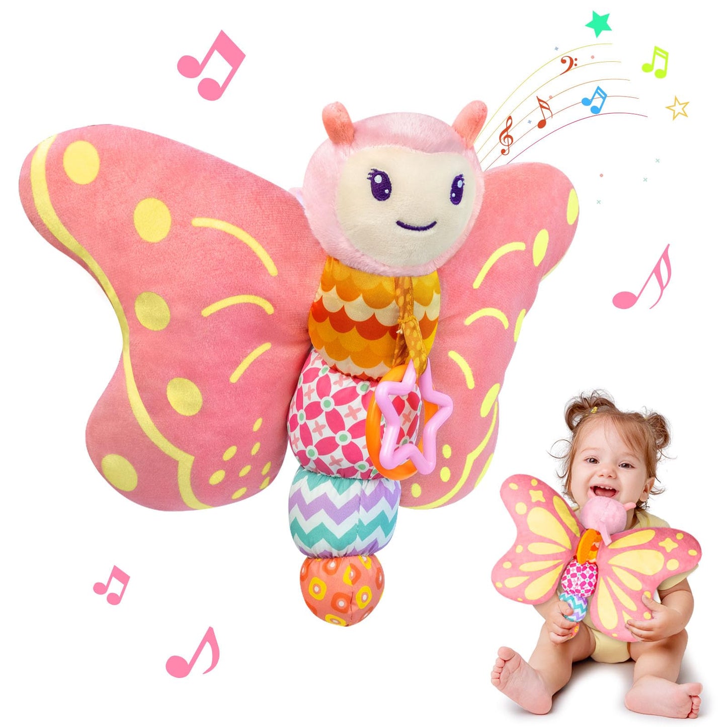Baby Toys 0-6 Months,Infant Musical Sensory Stuffed Animal with Squeaker,Rattle,Crinkle Wings,Teether & Hanging Ring,Tummy Time Toy for Newborn 0-3-6-12 Months Boys & Girls Gift,Butterfly,Blue