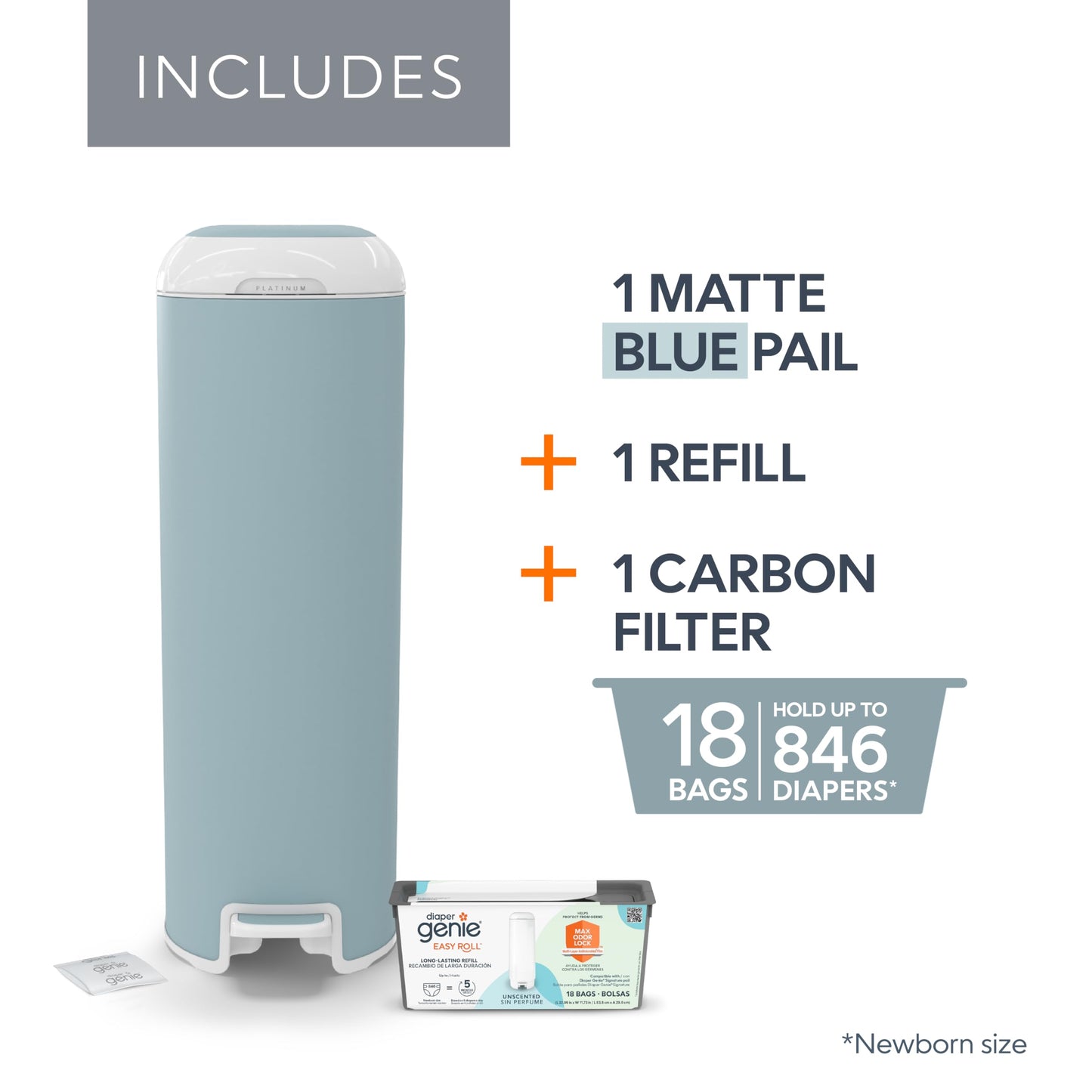 Diaper Genie Platinum Pail Gift Set, Lily White, Made of Durable Stainless Steel and Includes 2 Easy Roll Refills with 18 Bags and 30 Bags