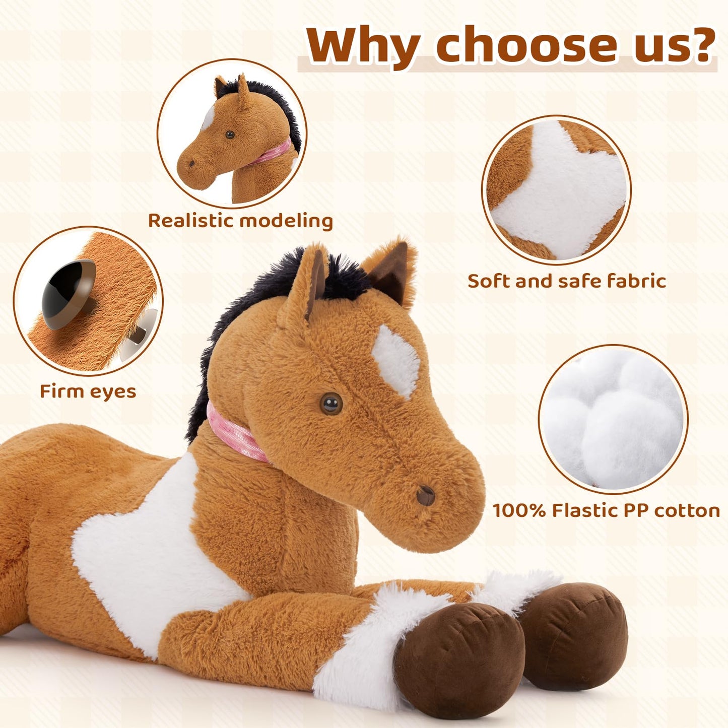 Tezituor 47 Inch Giant Horse Stuffed Animal, 4ft Realistic Chocolate Stuffed Horse Plush Toy, Hugging Soft Horse Pony Plush Pillow for Boys Girls,