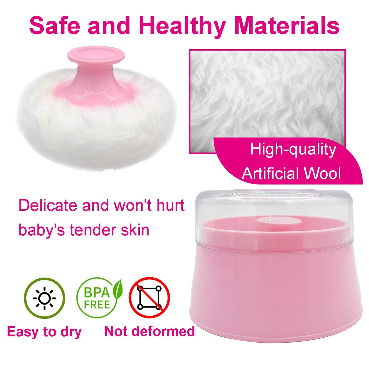 BPA Free Baby Powder Puff Box, Large 2.8" Fluffy Body After-Bath Powder Case, Baby Care Face/Body Villus Powder Puff Container, Makeup Cosmetic Talcum Powder Container with Hand Holder (Pink)