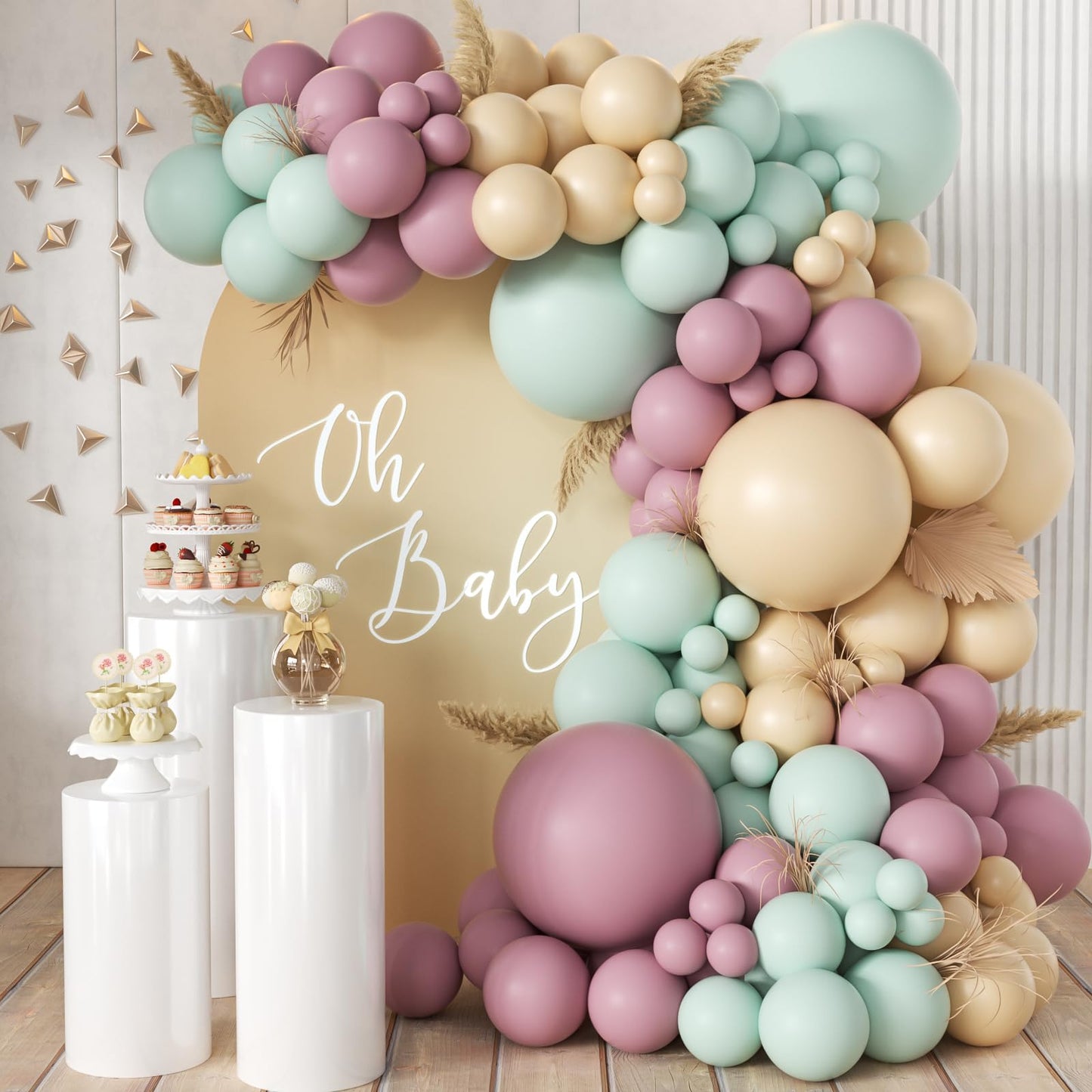 155Pcs Sage Green Arch Kit with Pea Green White Gold Balloons for Baby Shower Bridal Shower Birthday Engagement Wedding Wild One Party Decorations