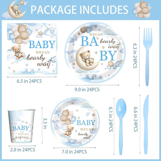 168pcs Bear Party Plates, Bear Birthday Decorations & Baby Shower Supplies - Bear Themed Plates, Cups, Napkins for "We Can Bearly Wait" Baby Shower Decorations, Kids Party Supplies