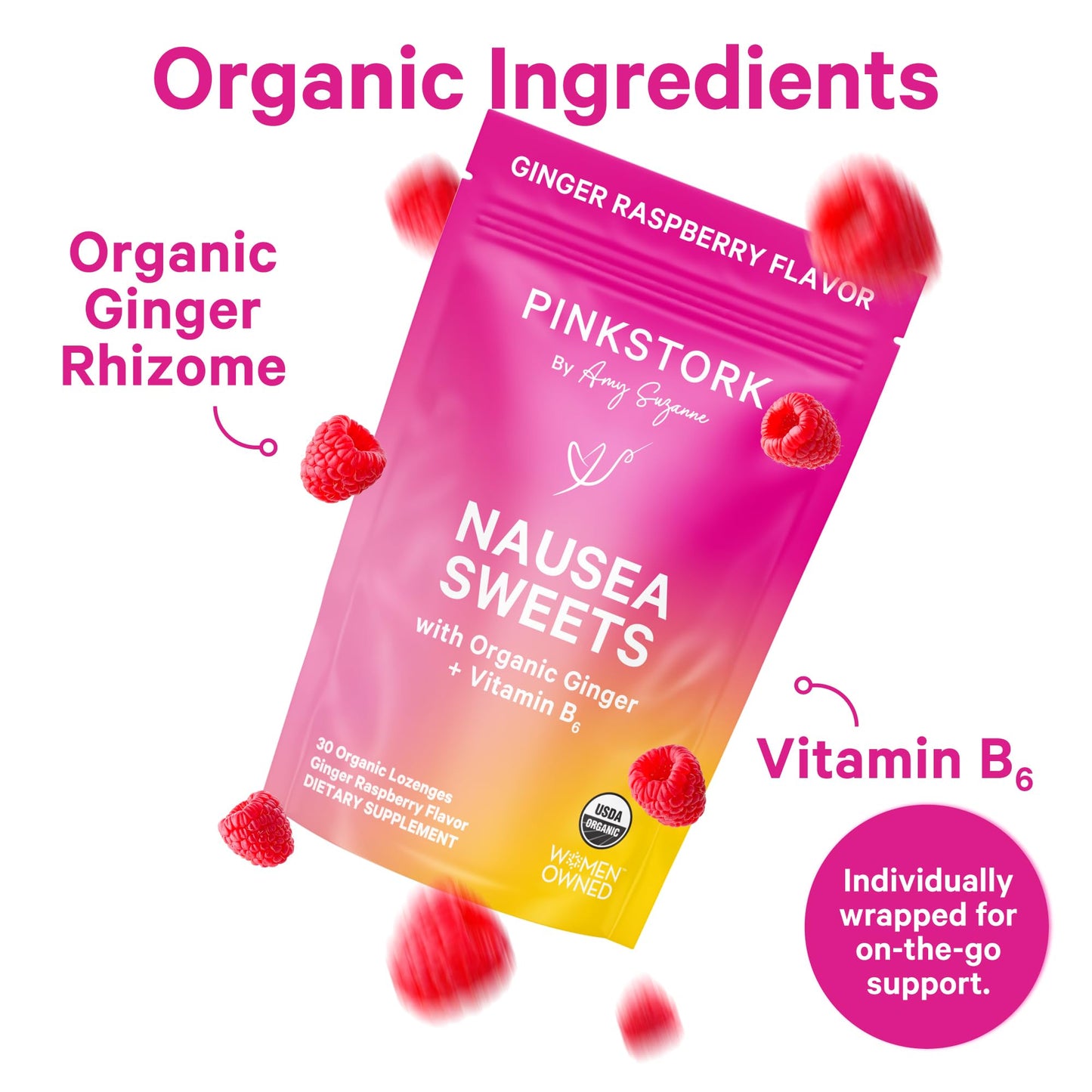 Pink Stork Organic Peppermint Sweets for Morning Sickness and Motion Sickness Support, Added Vitamin B6, 1st Trimester Pregnancy Must Haves - 30 Wrapped Peppermint Candies