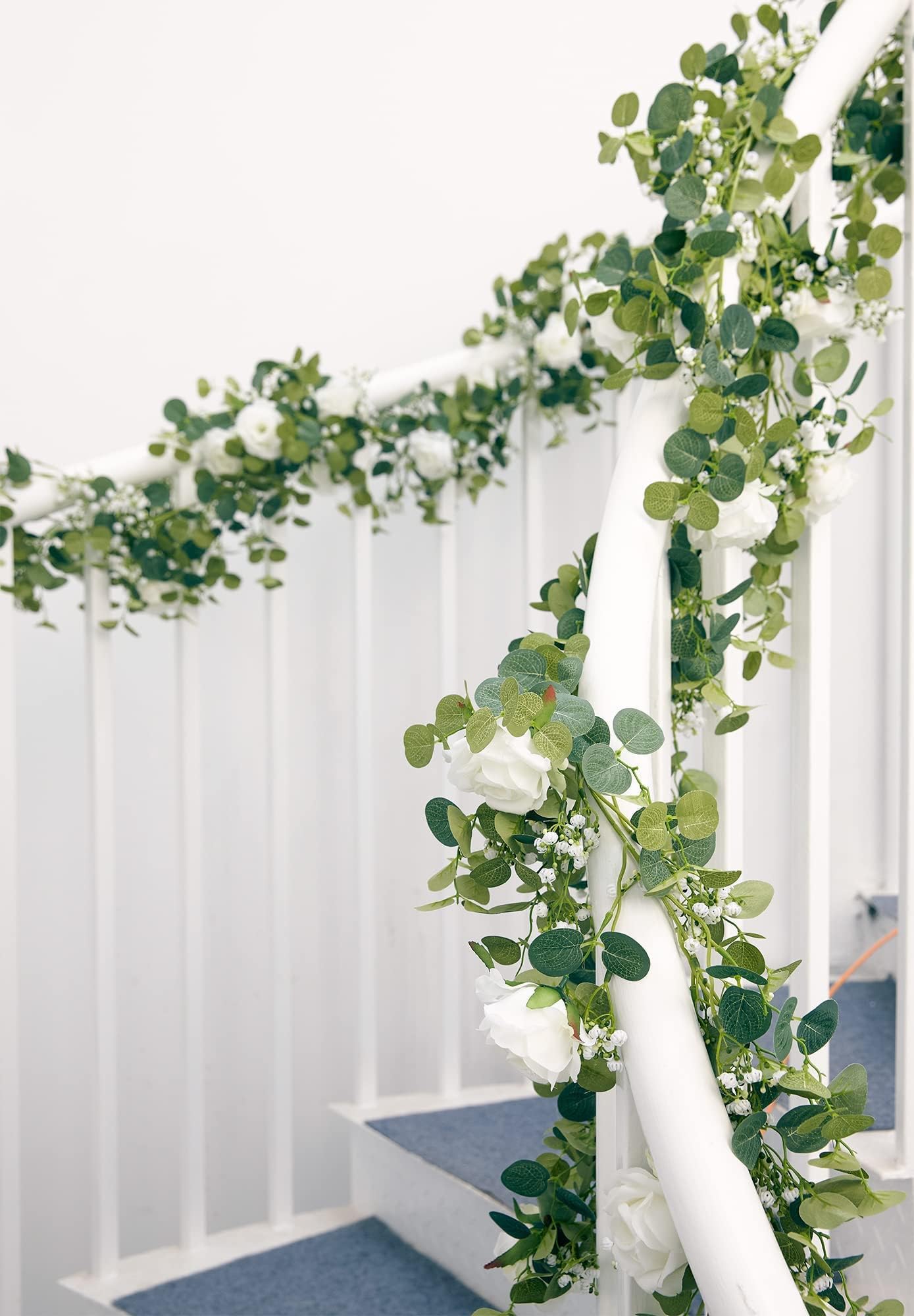 Anna's Whimsy 5.91FT Artificial Eucalyptus Garland with Flowers, Fake Flower Rose Gypsophila, Faux Floral Greenery Garland for Wedding Spring Home Party Craft Art Table Runner Decor