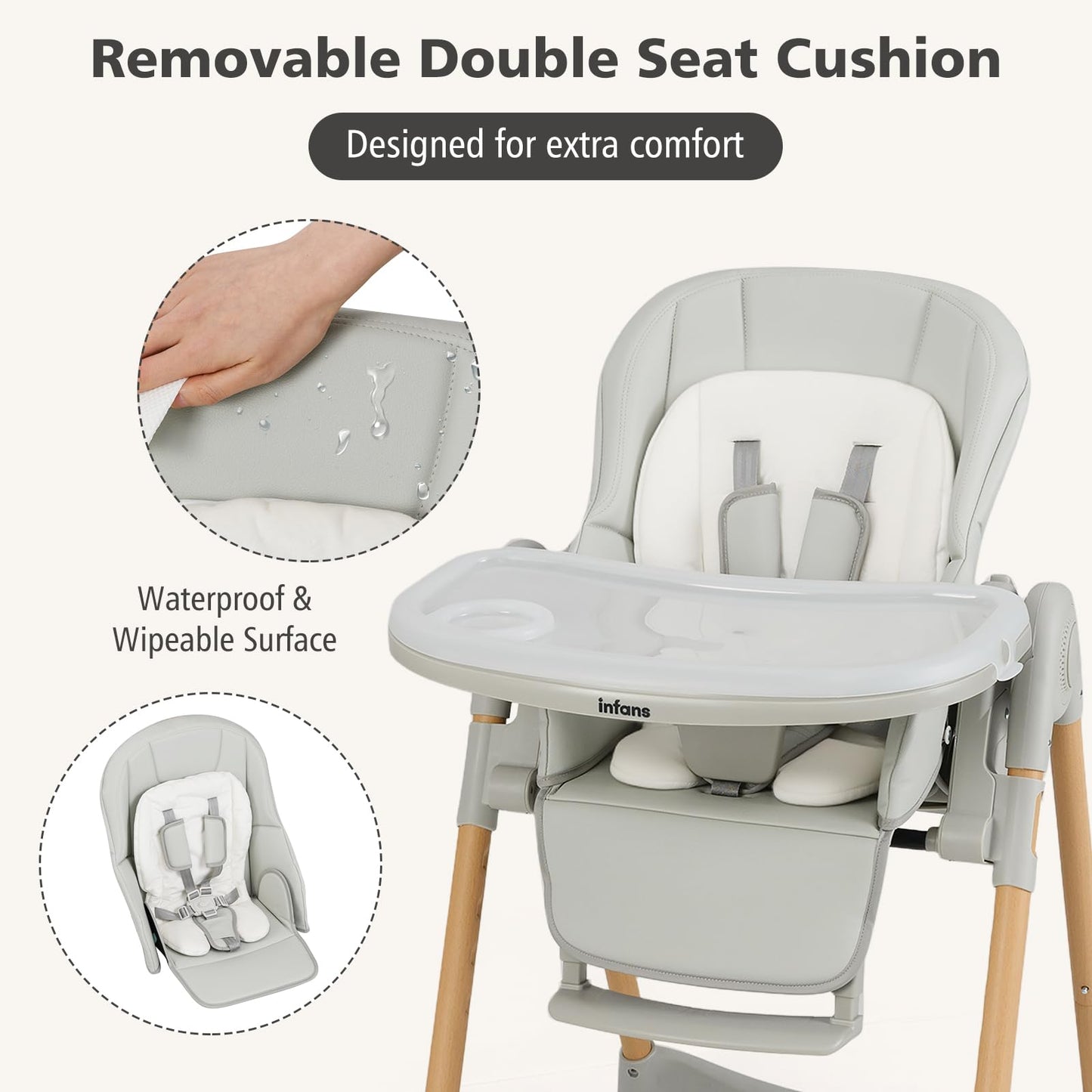 INFANS Baby High Chair, High Chairs for Babies & Toddlers with Adjustable Height Backrest Footrest Removable Tray, Easy to Clean PU Seat Convertible Quick Folding Portable Highchair (Dark Gray)