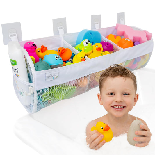 2 x Mesh Bath Toy Organizer + 8 Ultra Strong Hooks – The Perfect Bathtub Toy Holder & Bathroom or Shower Caddy – These Multi-use Net Bags Make Baby Bath Toy Storage Easy – For Kids & Toddlers