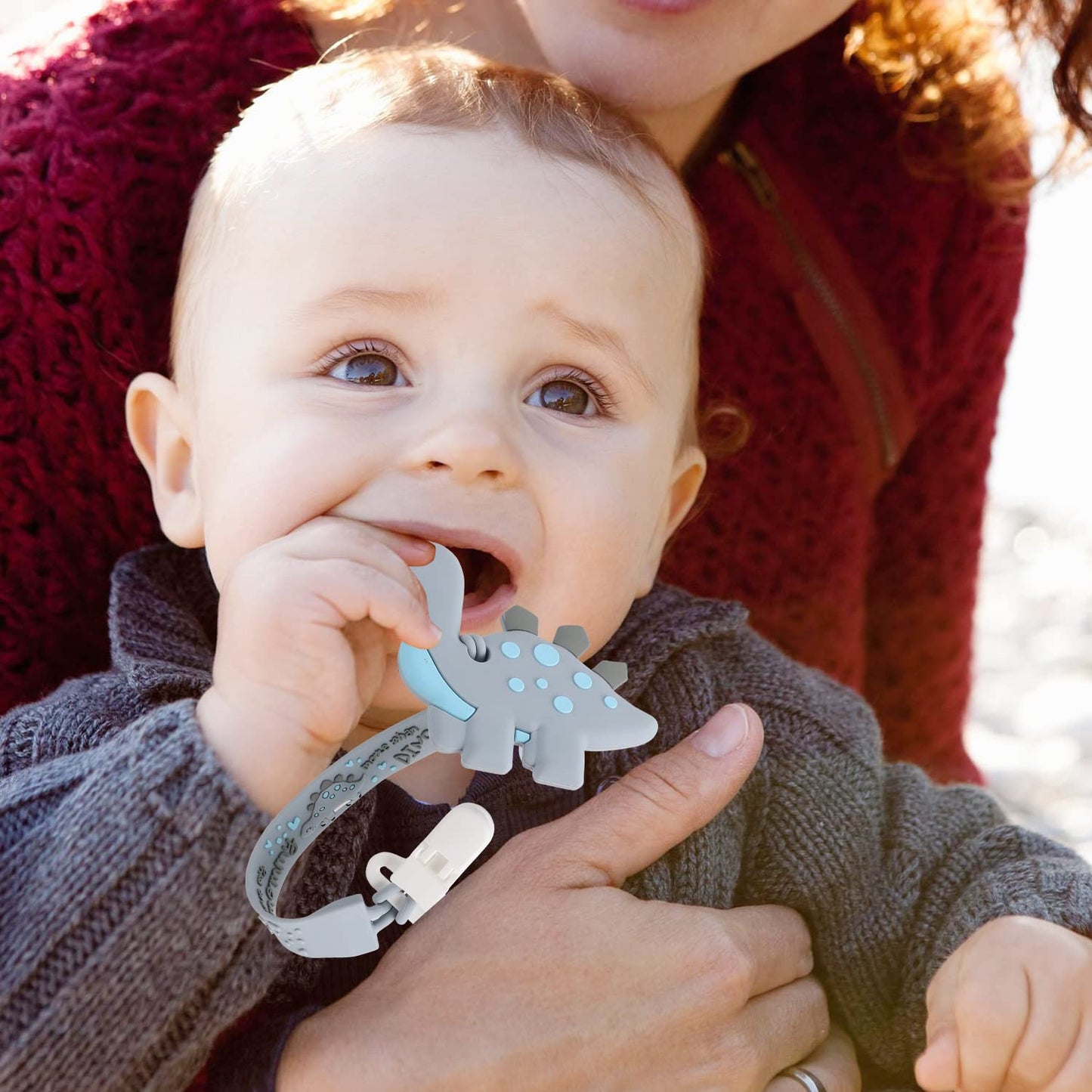 Baby Teething Toys for Babies 3-6 6-12 Months, Dinosaur Teether Pain Relief Toy with One Piece Design Pacifier Clip Holder Set, Freezer Safe Neutral Shower Gift for Boys and Girls (Pink)