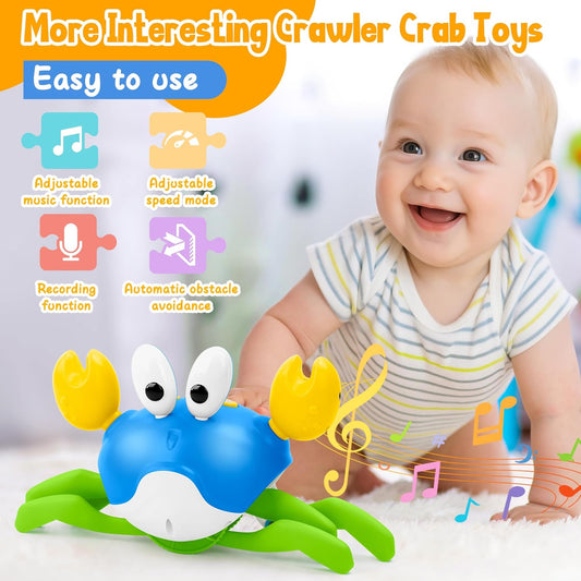 Crawling Crab Baby Toy, Increase Baby's Tummy Time Crab, Inspire Crawling, Automatic Obstacle, Rechargeable, Music, Speed Adjustment, Recording, Dancing Crab Toy for Kid's Sensory Development