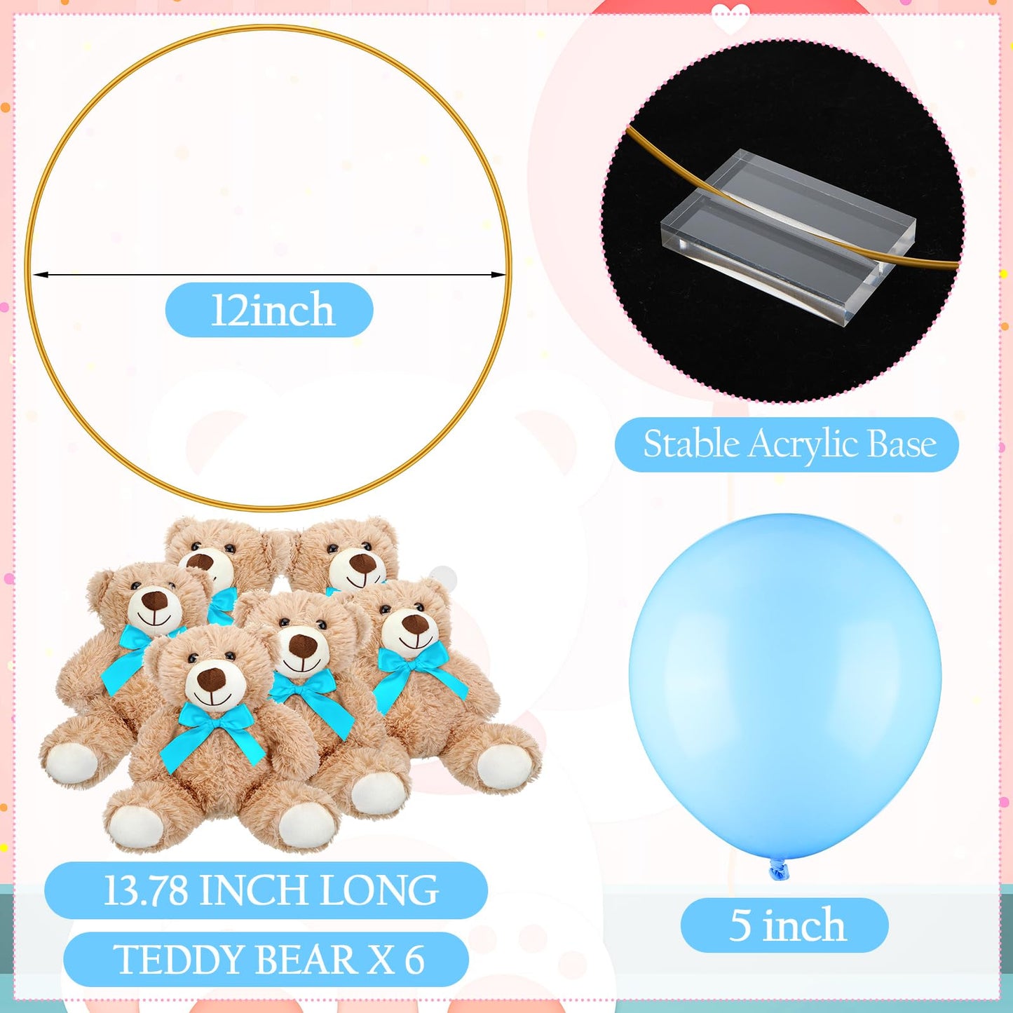 6 Sets Bear Baby Shower Table Centerpieces Bear Stuffed Animals 12 Inch Metal Floral Hoop with Stand Balloon for Wedding Baby Shower Birthday Flowers Table Decorations(Brown)