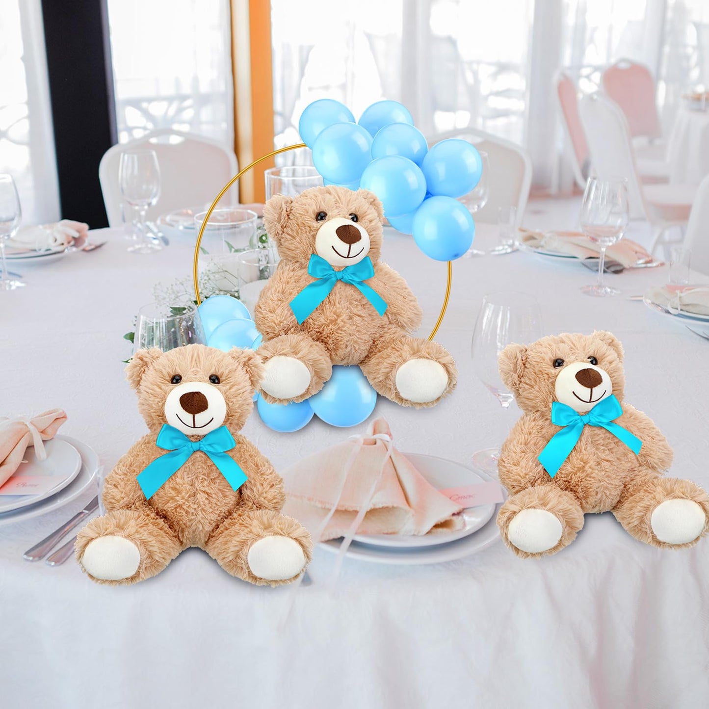 6 Sets Bear Baby Shower Table Centerpieces Bear Stuffed Animals 12 Inch Metal Floral Hoop with Stand Balloon for Wedding Baby Shower Birthday Flowers Table Decorations(Brown)