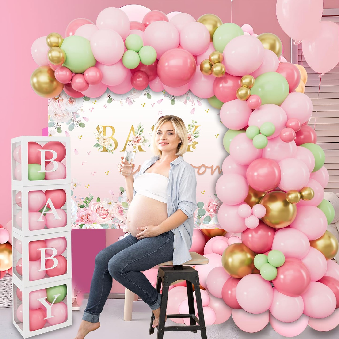 Baby in Bloom Baby Shower Decorations - 116pcs Pink and Sage Green Balloon Arch Kit, BABY in Bloom Backdrop and Baby Boxes with Letters for Pink Floral Baby Shower Decorations for Girl
