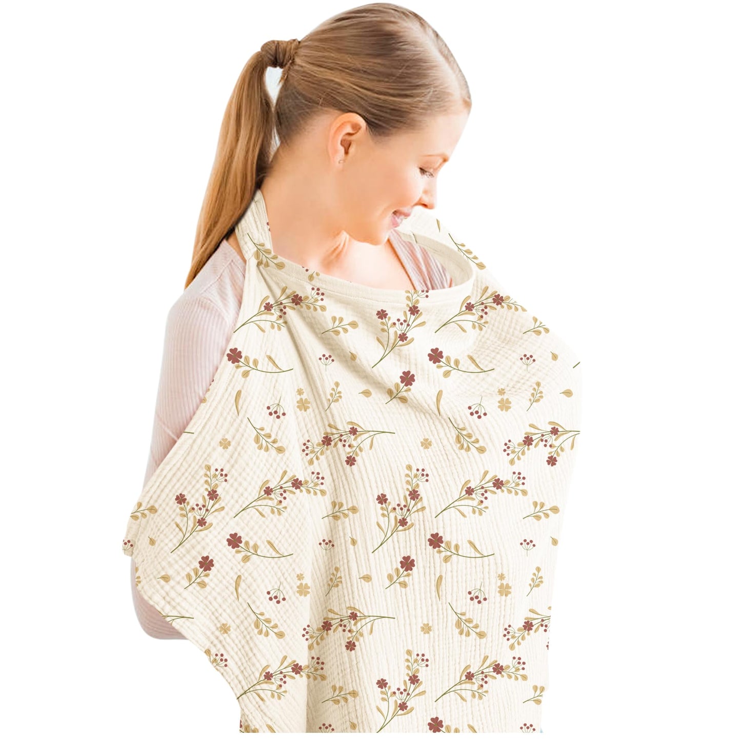 Konssy Muslin Nursing Cover for Baby Breastfeeding, Breathable 100% Cotton Breastfeeding Cover with Rigid Hoop for Mother Nursing Apron, Multi-use Carseat Canopy (Summer Wheat)