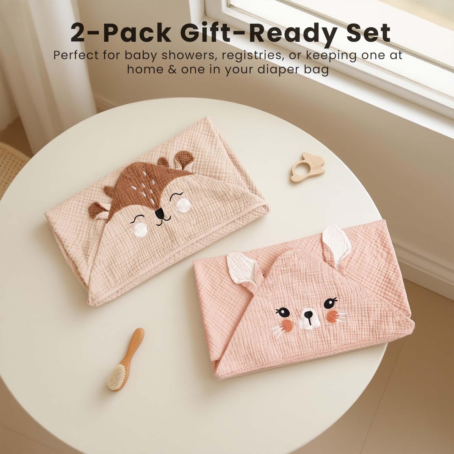 Konssy 2-Pack Muslin Baby Hooded Towels, Soft Cotton and Absorbent Baby Bath Towels for Newborn, Infant & Toddler with Animal Hooded Design (Bunny & Deer)