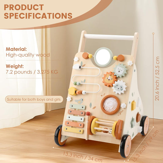 Wooden Baby Walker, Baby Push Walker with Activity Center for Girls Boys, Push Walker Toys for Babies Learning to Walk, Sit-to-Stand, for 10-12 Months 1 2 3 Years Old