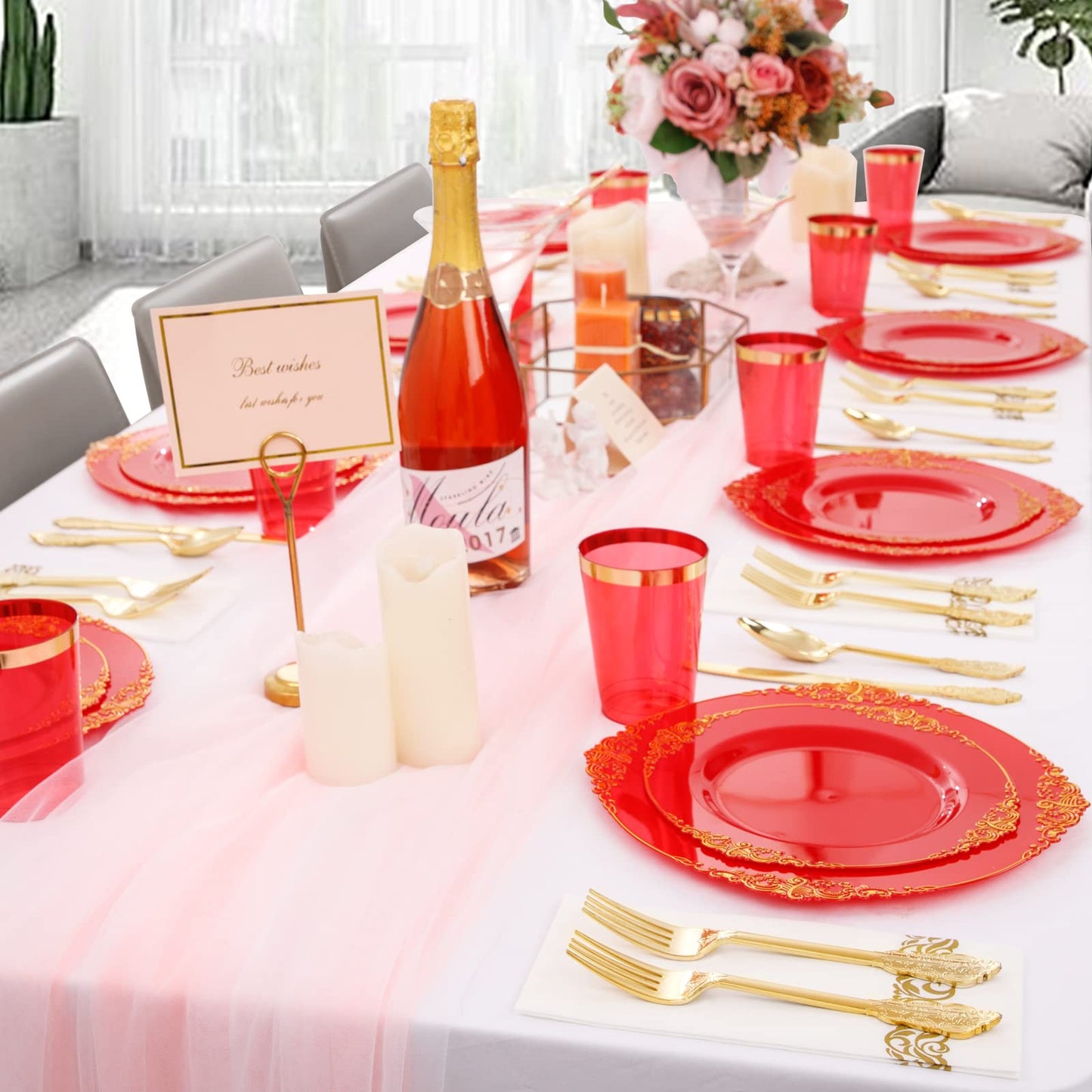 Morejoy 175PCS Rose Gold & Silver Plastic Dinnerware Set: 25 Plates, 25 Forks, 25 Knives, 25 Spoons, 25 Cups, 25 Napkins - Perfect for Wedding & Party