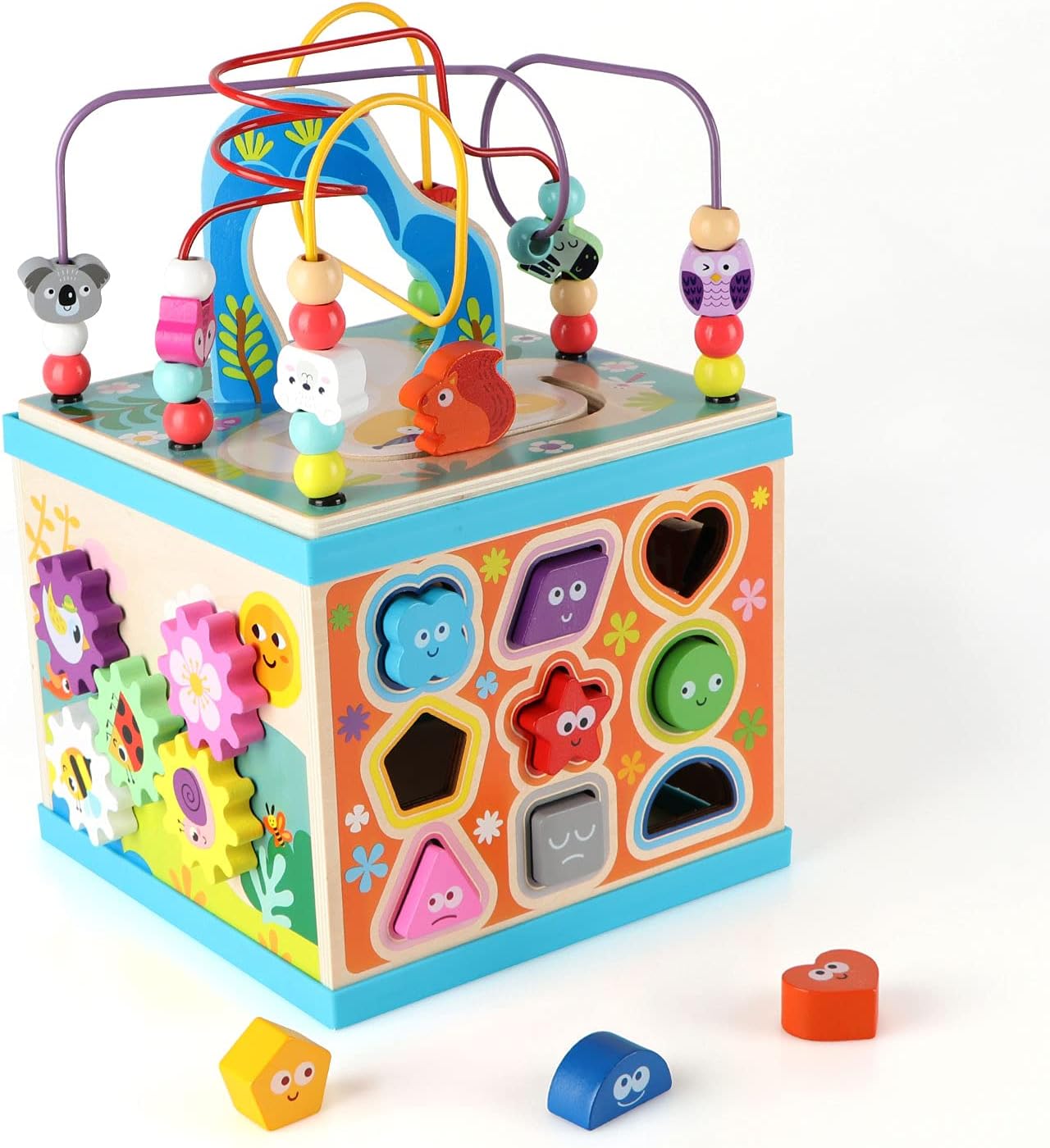 Qilay Wooden Activity Cube for Toddlers 1-3 (Large), 5 in 1 Multipurpose ABC-123 Abacus Bead Maze Shape Sorter | Early Educational Toy for Toddlers - First Birthday Present for Boys Girls