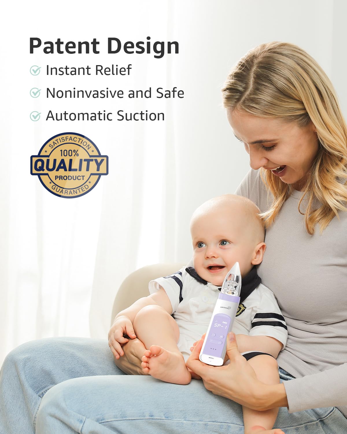 GROWNSY Nasal Aspirator for Baby, Electric Nose Aspirator for Toddler, Baby Nose Sucker, Automatic Nose Cleaner with 3 Silicone Tips, Adjustable Suction Level, Music and Light Soothing Function
