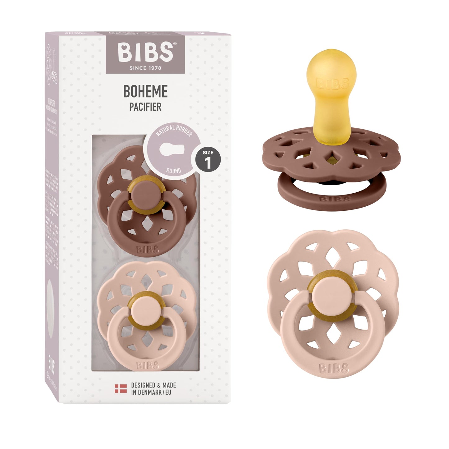 BIBS Pacifiers - Boheme Collection | BPA-Free Baby Pacifier | Made in Denmark | Set of 2 Ivory/Blossom Color Premium Soothers | Size 0-6 Months