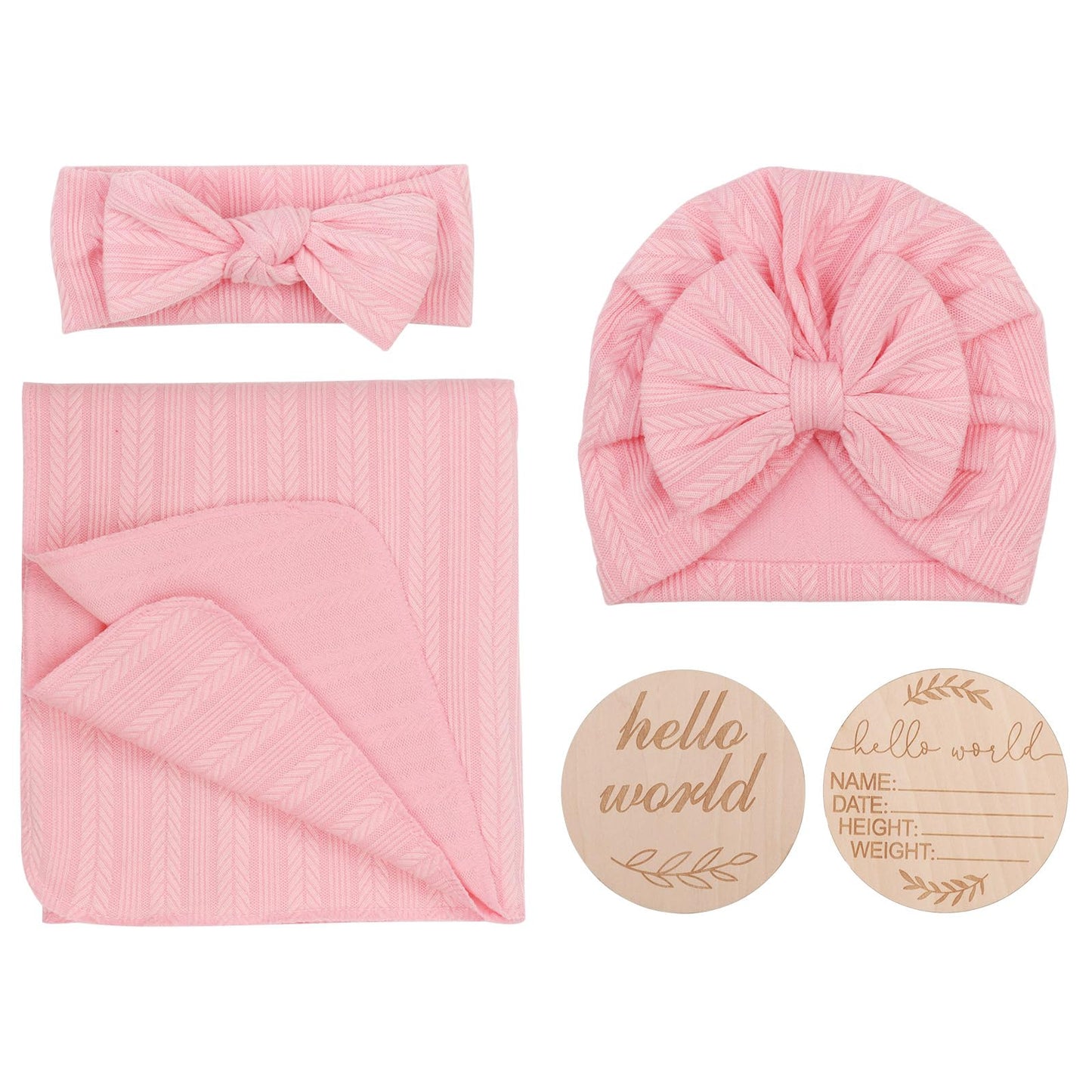 DRESHOW BQUBO Baby Swaddle Blankets for Girls, 4PCS Newborn Accessories Set with Matching Hat and Bow Headband with Card