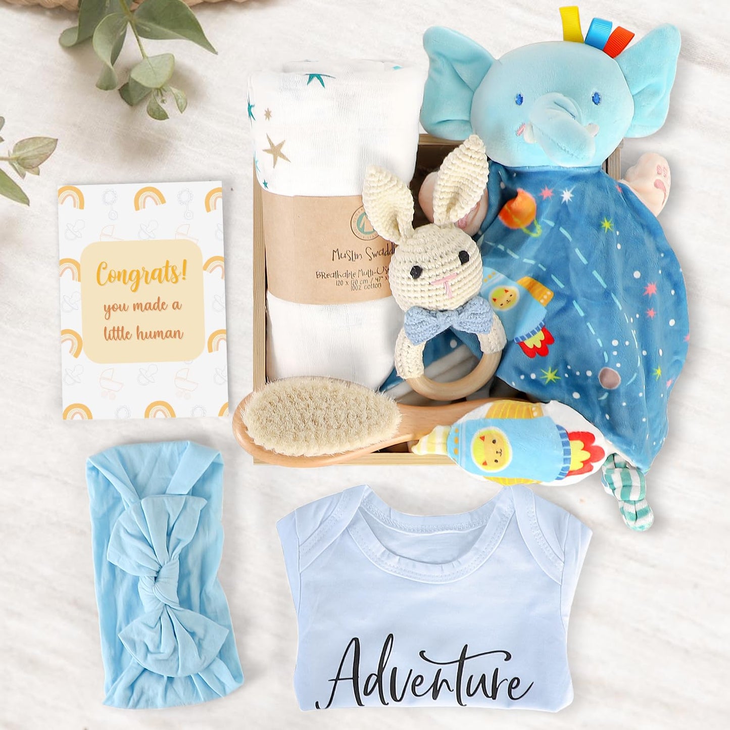Baby Gift Set for Newborn, Baby Shower Gifts, Wooden Baby Gift Basket Essentials Includes Infant Swaddle Blanket Onesies Rattle Toy Hair Bursh, New Born Baby Christmas Gifts for Girls Boys