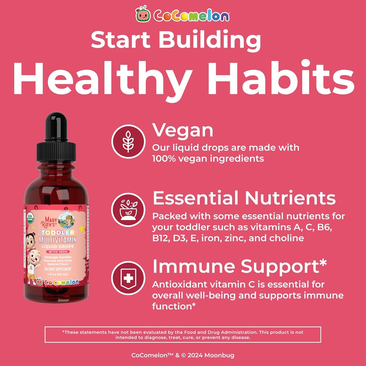 MaryRuth Organics CoComelon Toddler Kids Multivitamin with Iron | Immune Support | Toddler Vitamins | USDA Organic | Sugar Free | Multivitamin Liquid Drops for Kids Ages 1-3 | Vegan | 1 Fl Oz