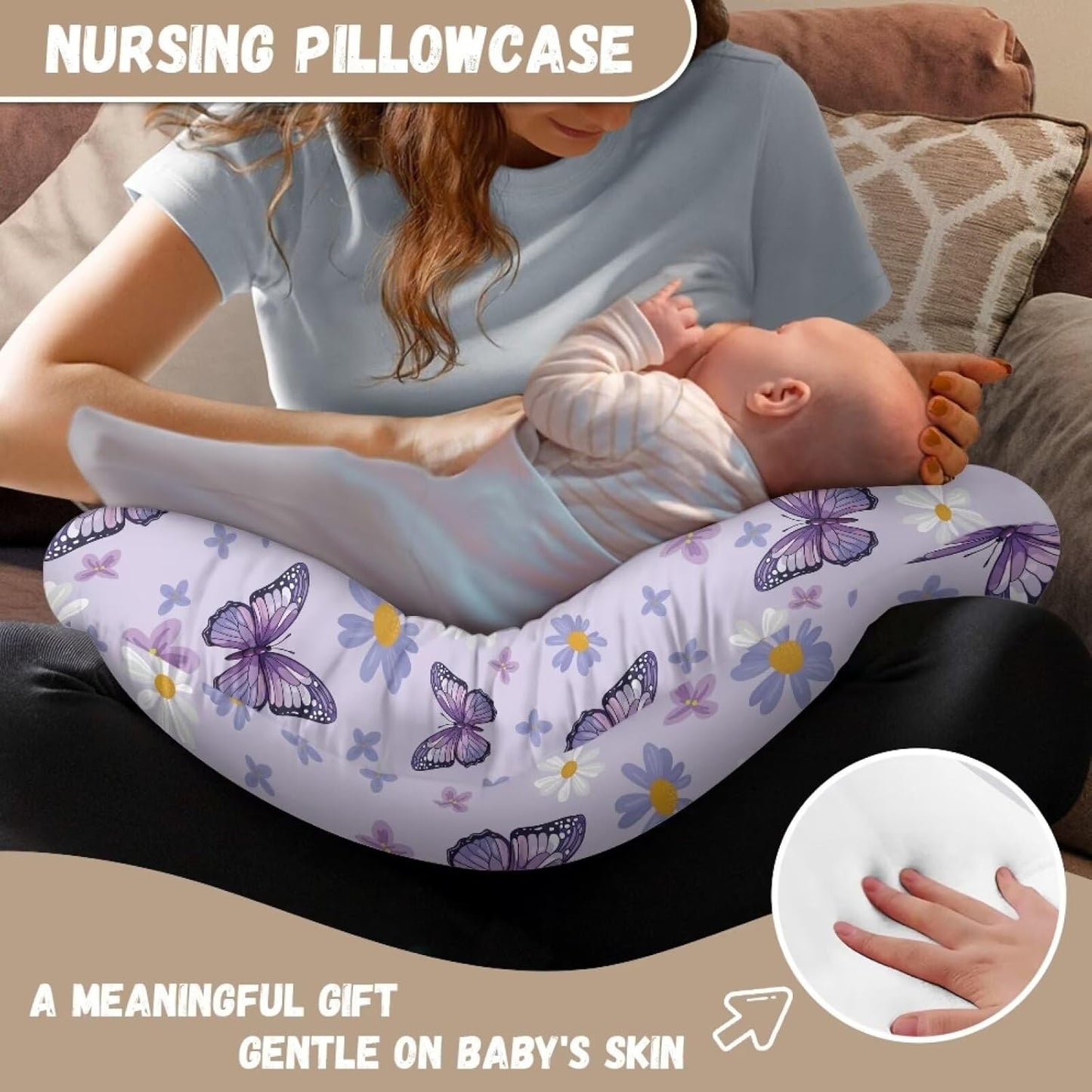 Butterfly Daisy Printed Nursing Pillow Cover for Infant, Soft Breathable Nursery Bottle Breast Feeding Pillow Slipcover for Breastfeeding Moms, Fits 22in*18in Pillow