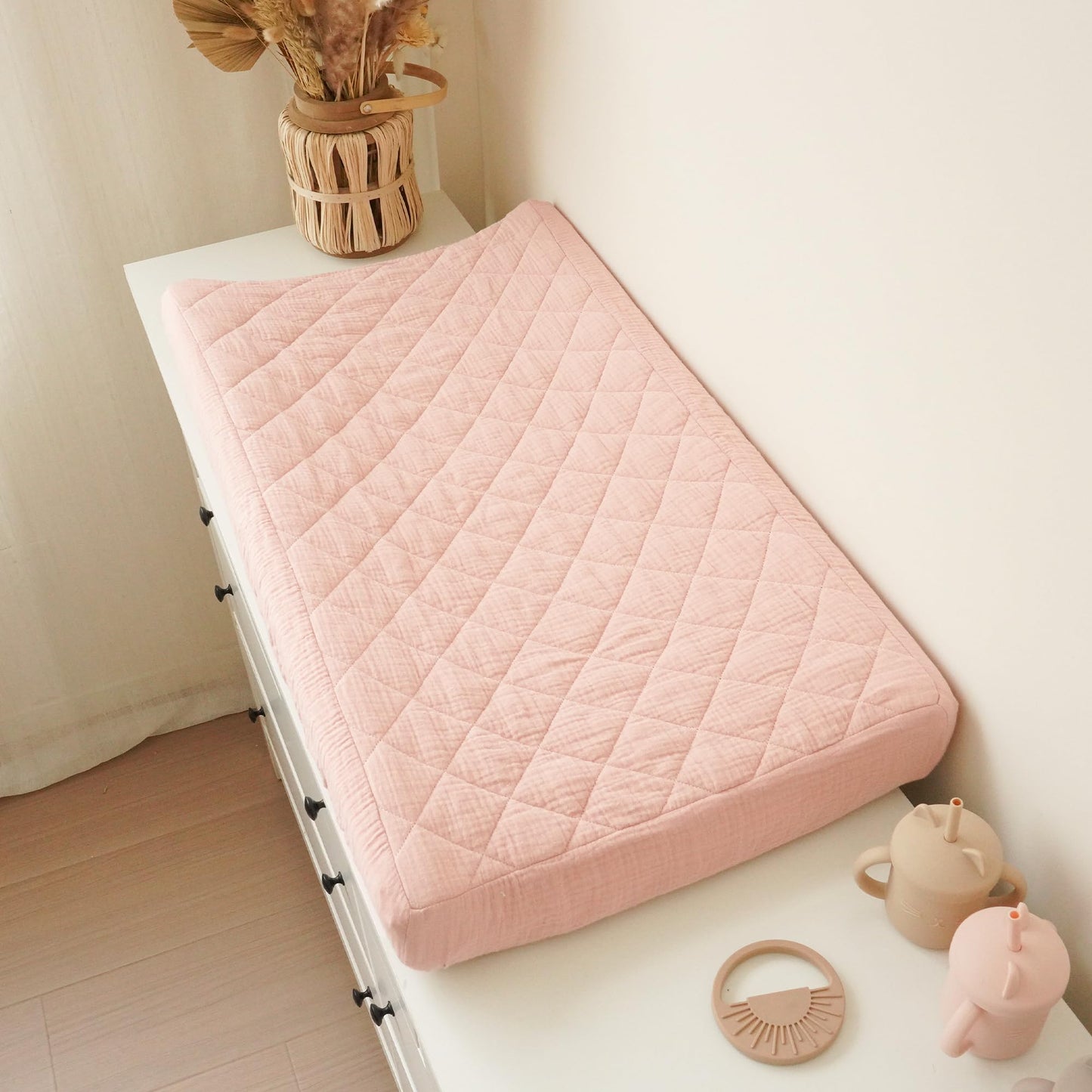 Konssy Waterproof Muslin Changing Pad Cover 2 Pack, Quilted Cotton Fitted Diaper Chang Table Cover, Soft Changing Pad Sheets for Girls Boys (Blossom,Pink)